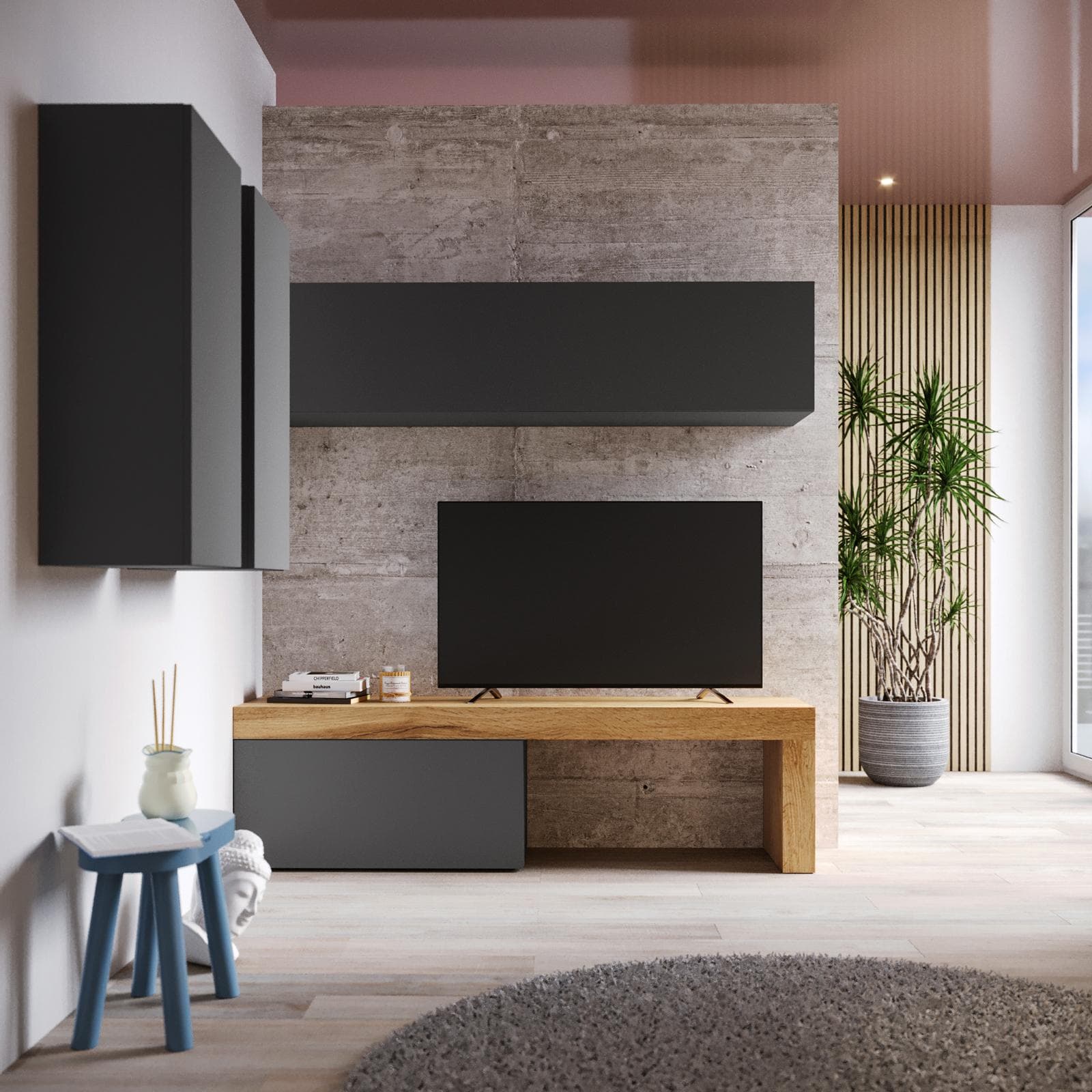 Parete attrezzata 180x180 cm antracite e rovere wotan - Kayros