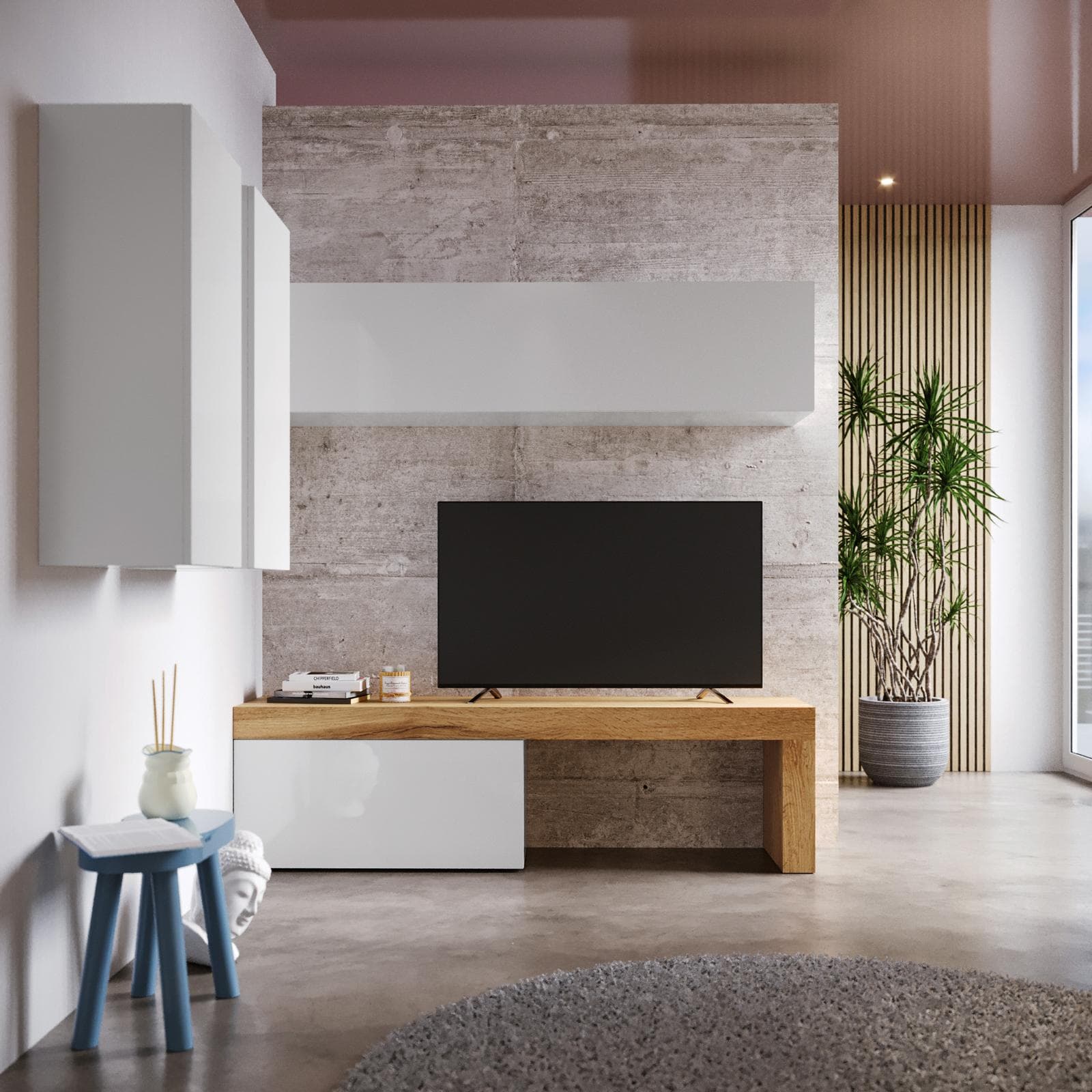 Parete attrezzata 180x180 cm bianco e rovere wotan - Kayros
