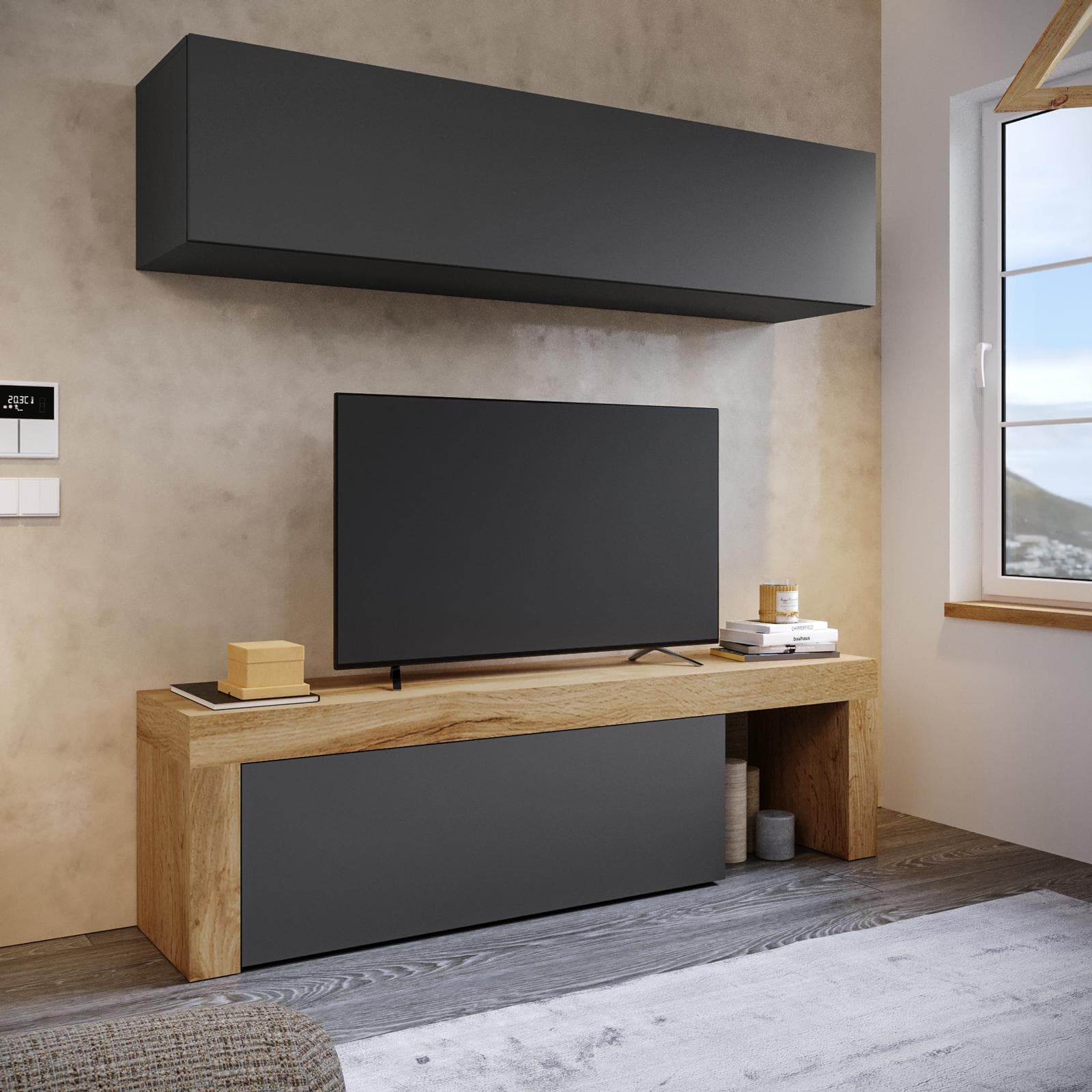 Parete attrezzata 180x40 cm antracite e rovere wotan - Kayros