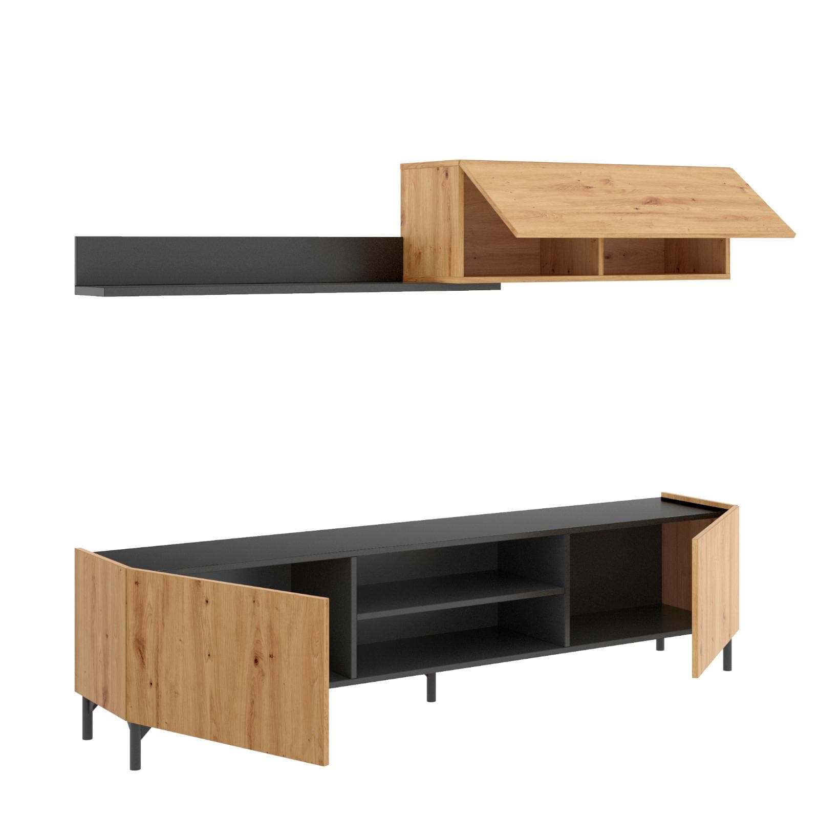 Parete attrezzata 182 cm in legno rovere nordico e grafite - Tosa