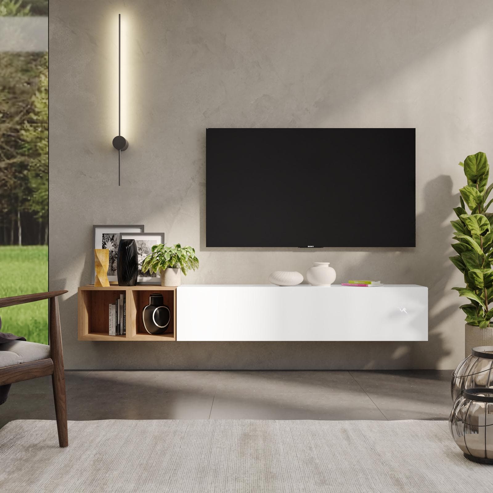 Porta tv sospeso 194x29x28h cm con pensile a ribalta bianco lucido e coppia di cubi rovere cadiz - Clary