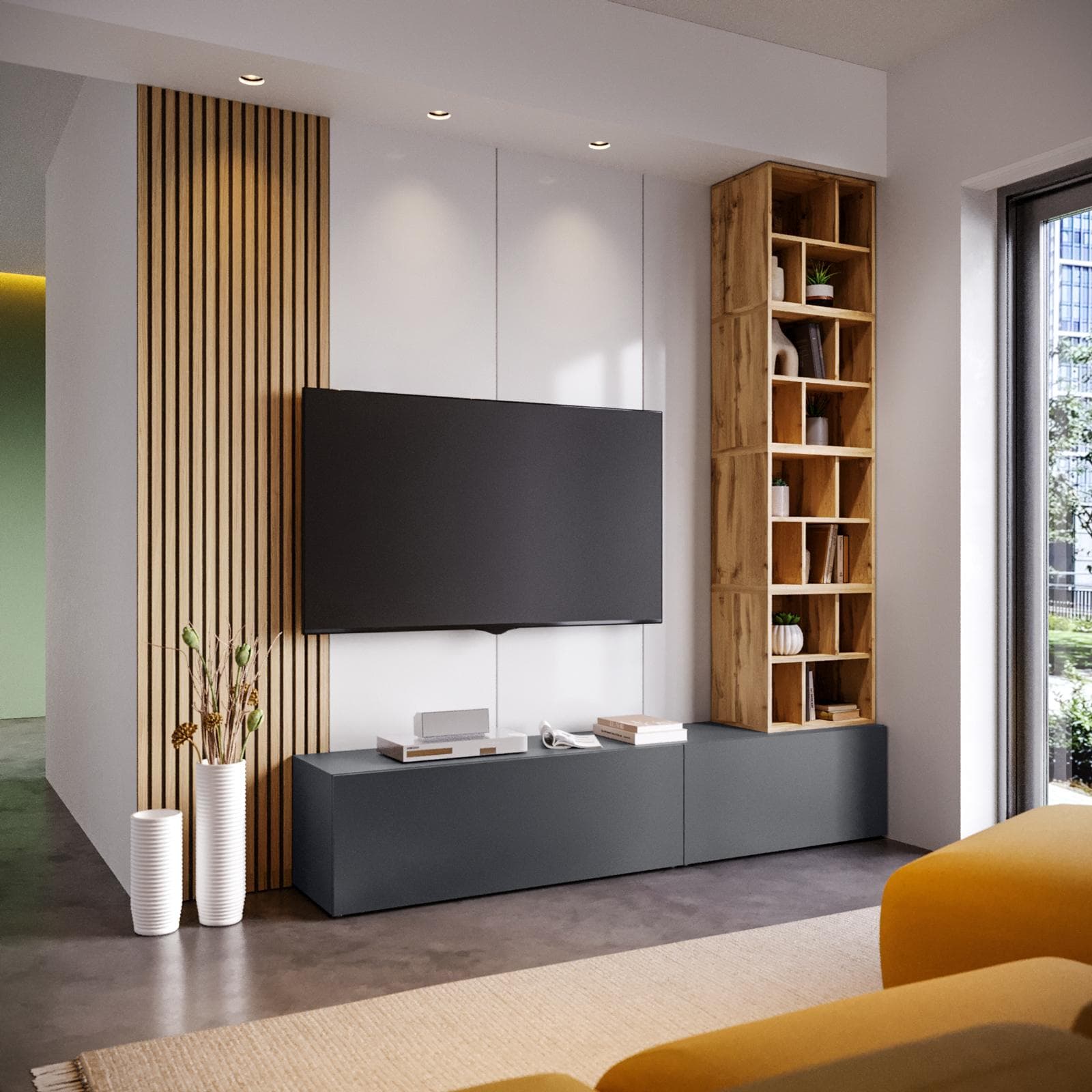 Parete attrezzata 210 cm antracite e rovere wotan - Kayros