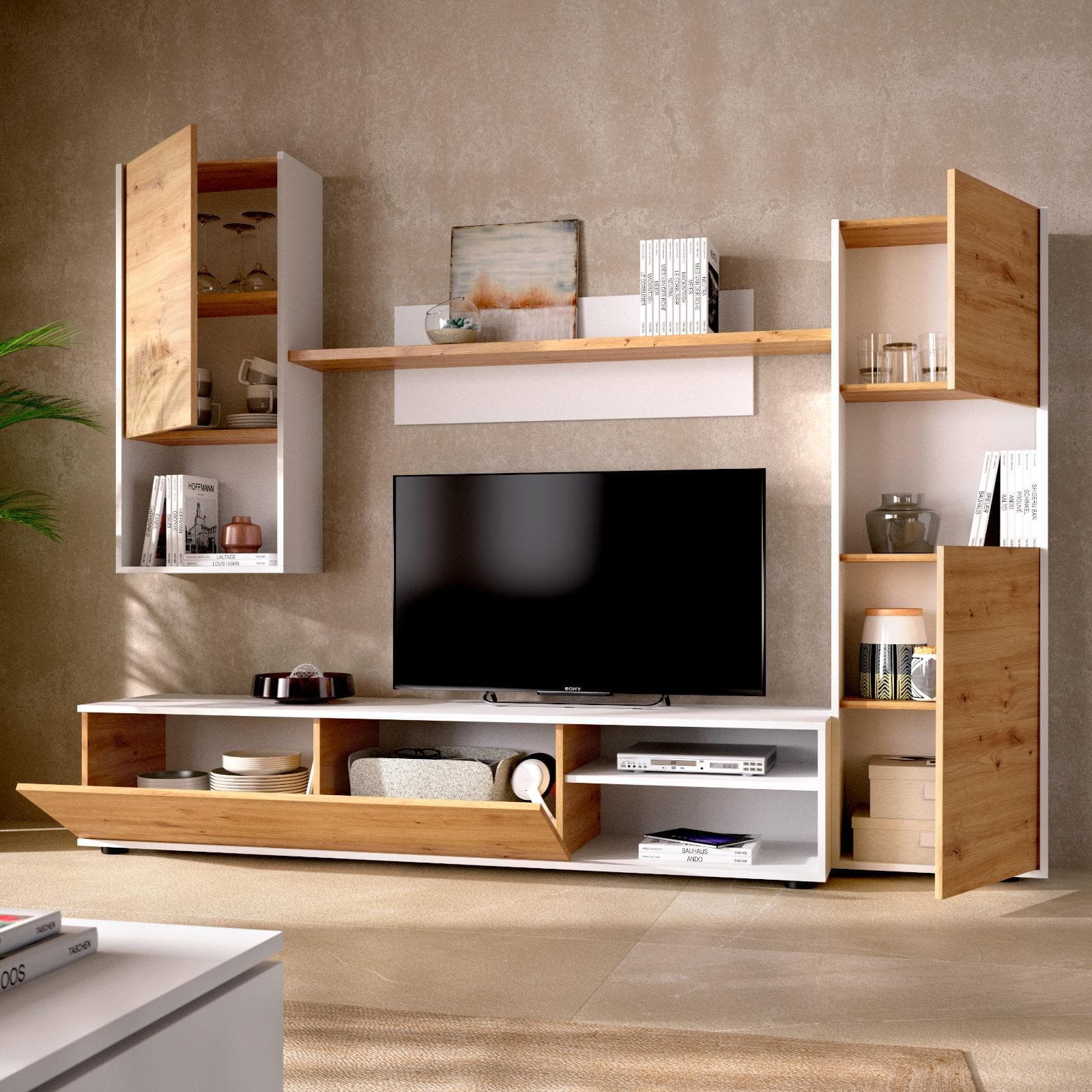 Parete attrezzata 220 cm in legno rovere nordico - Loki