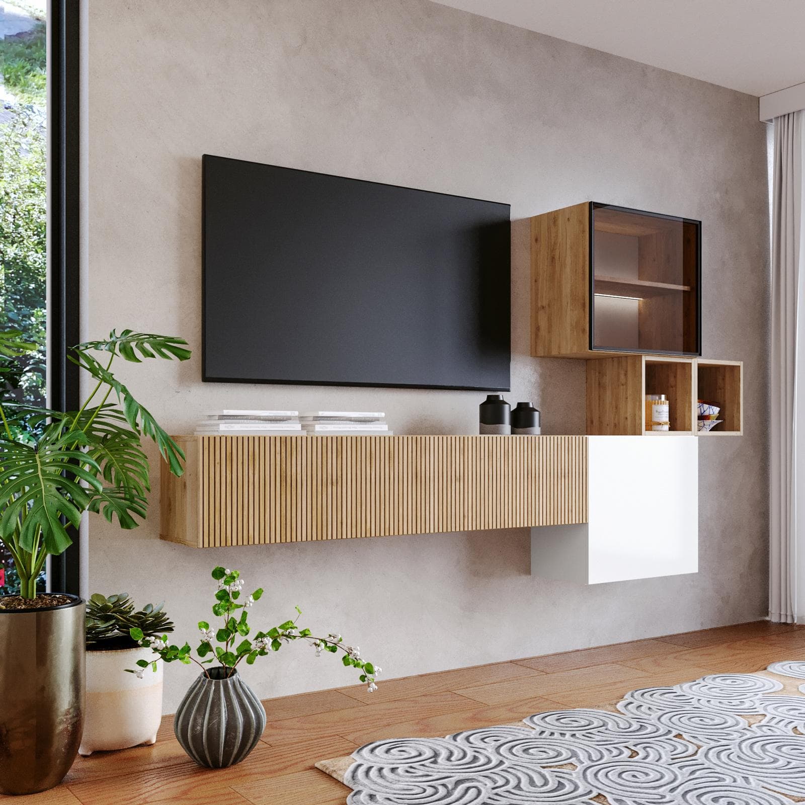 Parete attrezzata 220x128h cm bianco lucido e cadiz cannettato con vetrina - Clary