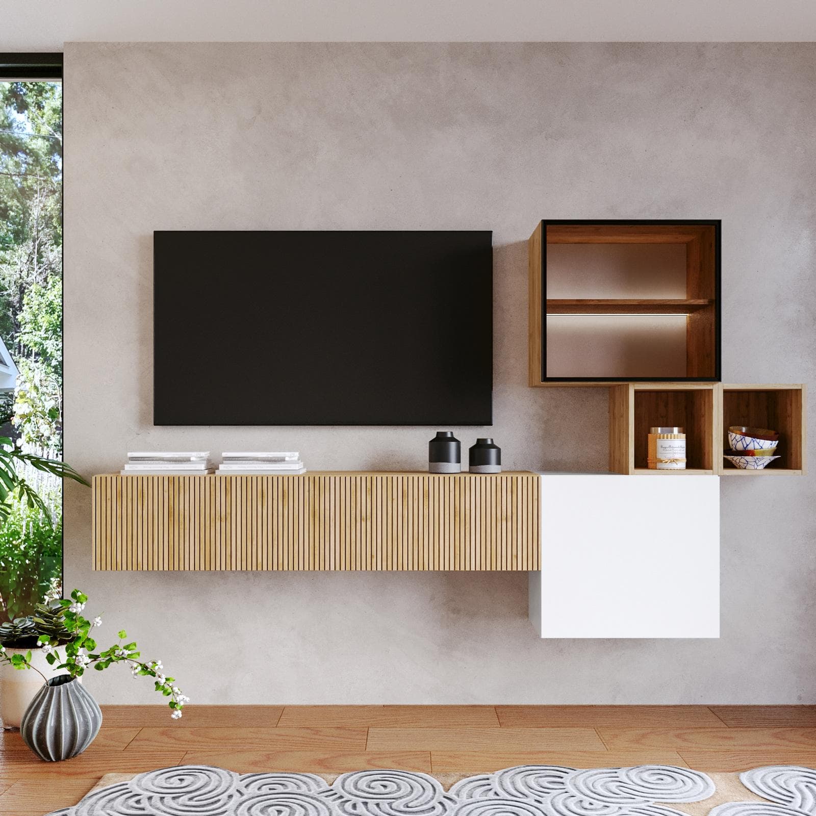 Parete attrezzata 220x128h cm bianco lucido e cadiz cannettato con vetrina - Clary