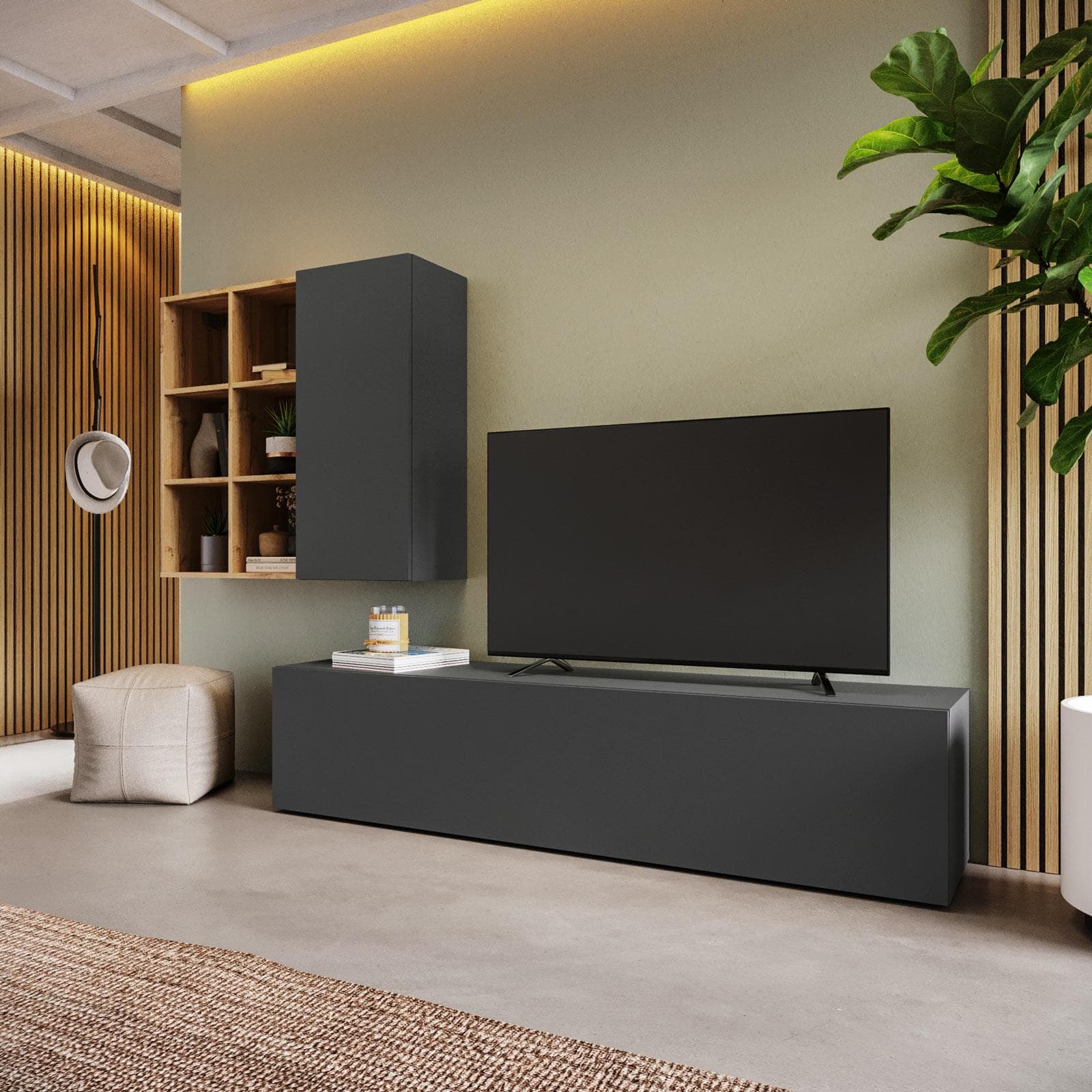 Parete attrezzata 240x40 cm antracite e rovere wotan - Kayros