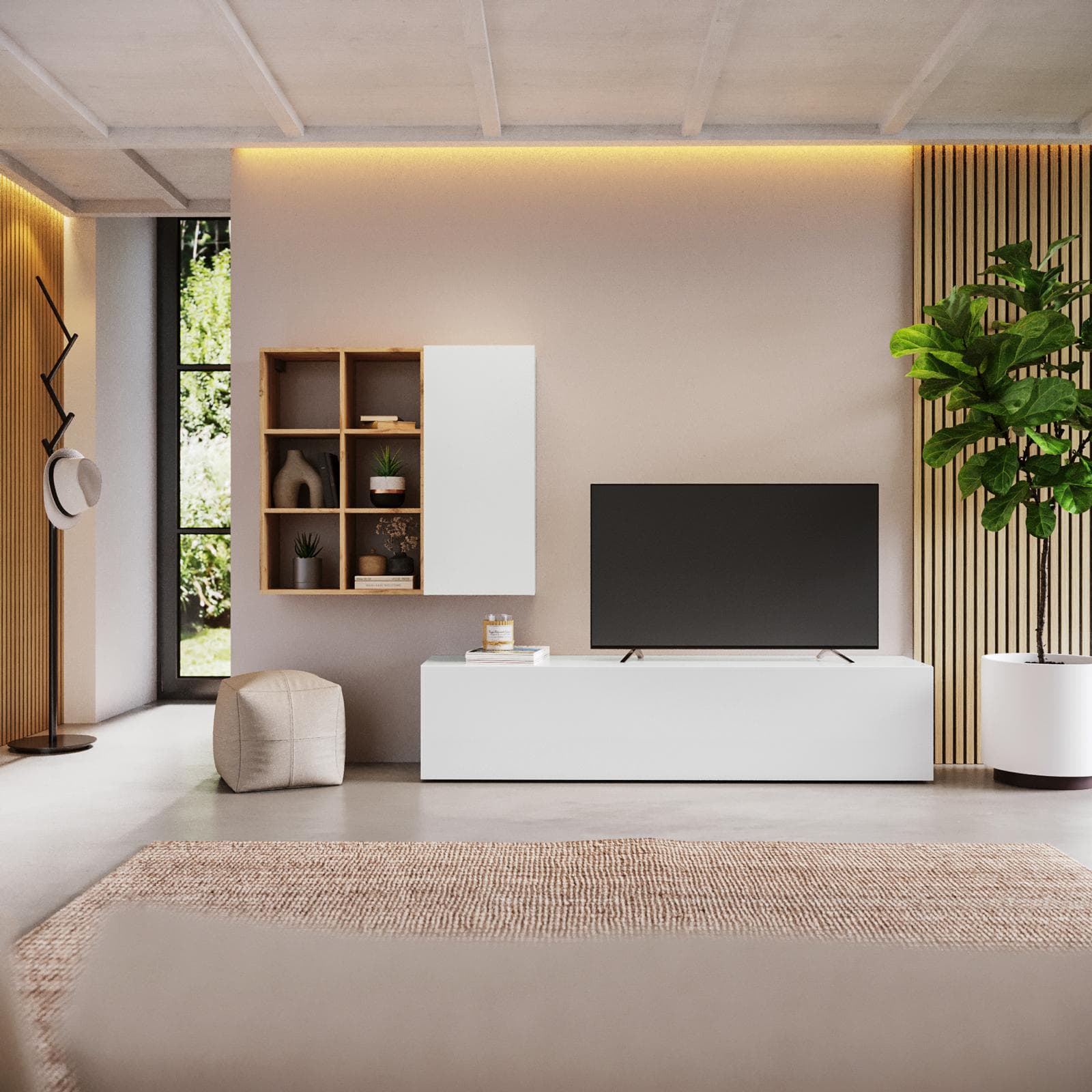Parete attrezzata 240x40 cm bianco e rovere wotan - Kayros