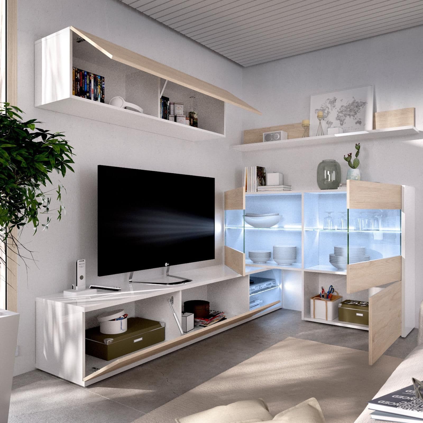Parete attrezzata 260 cm bianco lucido e naturale con vetrina e luci led - Jolene