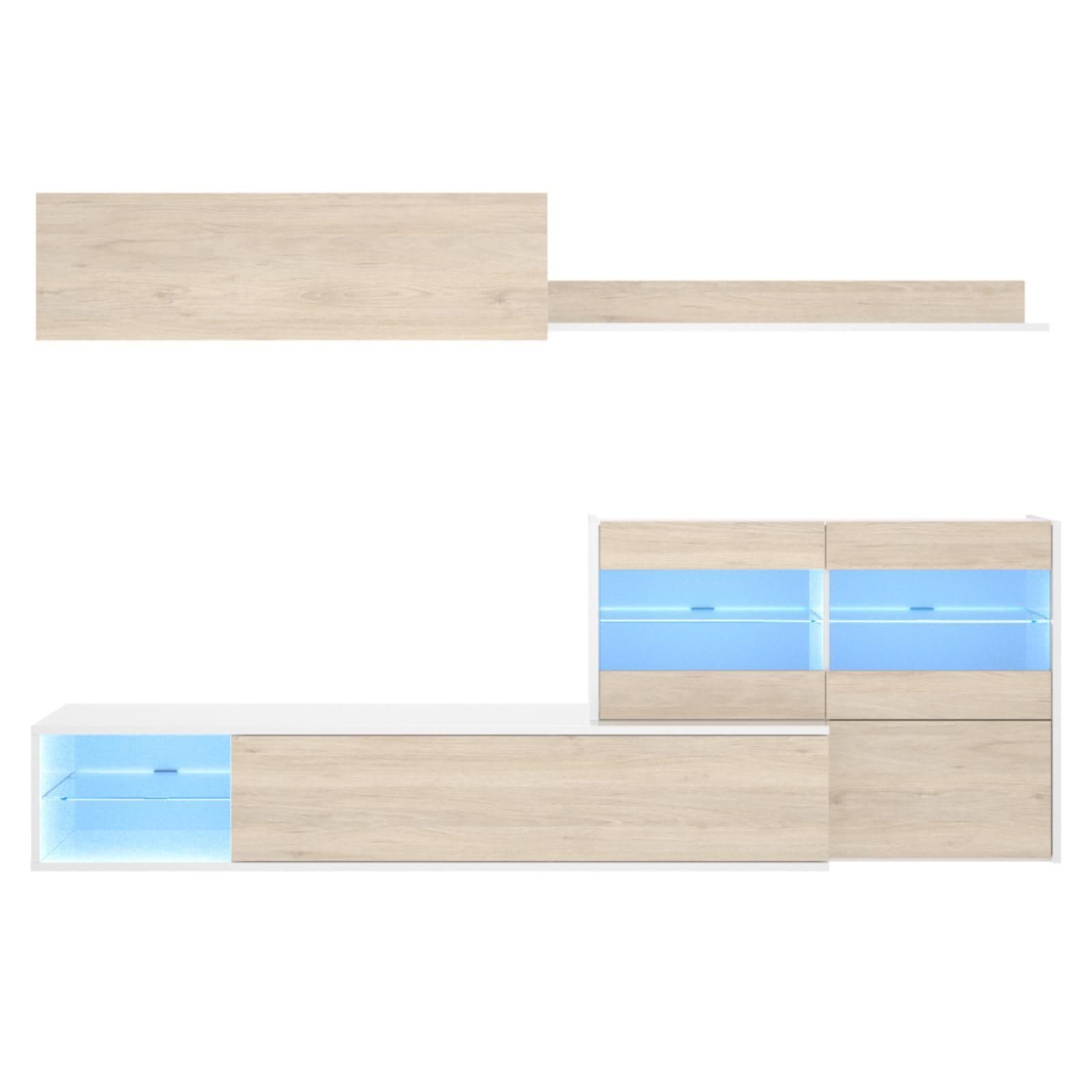 Parete attrezzata 260 cm bianco lucido e naturale con vetrina e luci led - Jolene