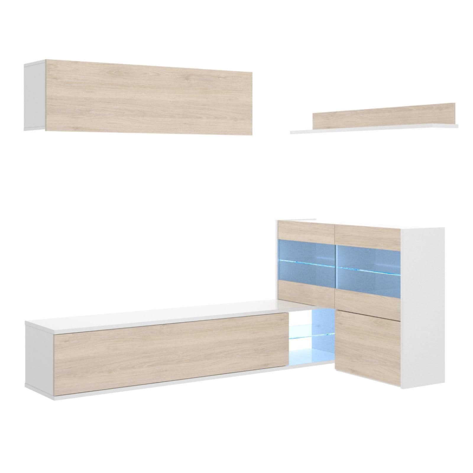 Parete attrezzata 260 cm bianco lucido e naturale con vetrina e luci led - Jolene