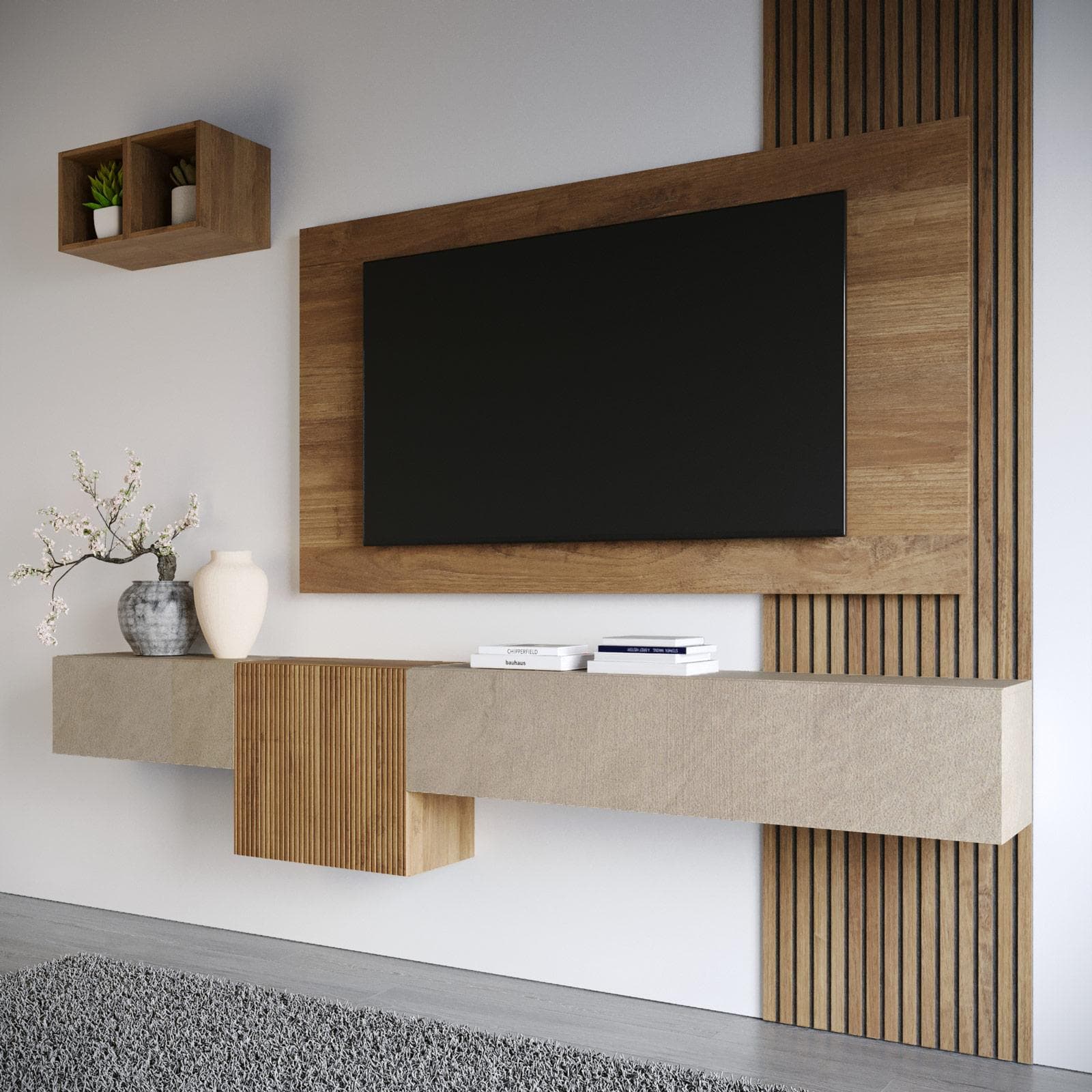 Parete attrezzata 262x30x220h cm mercure cannettato e argilla con pannello porta tv - Clary