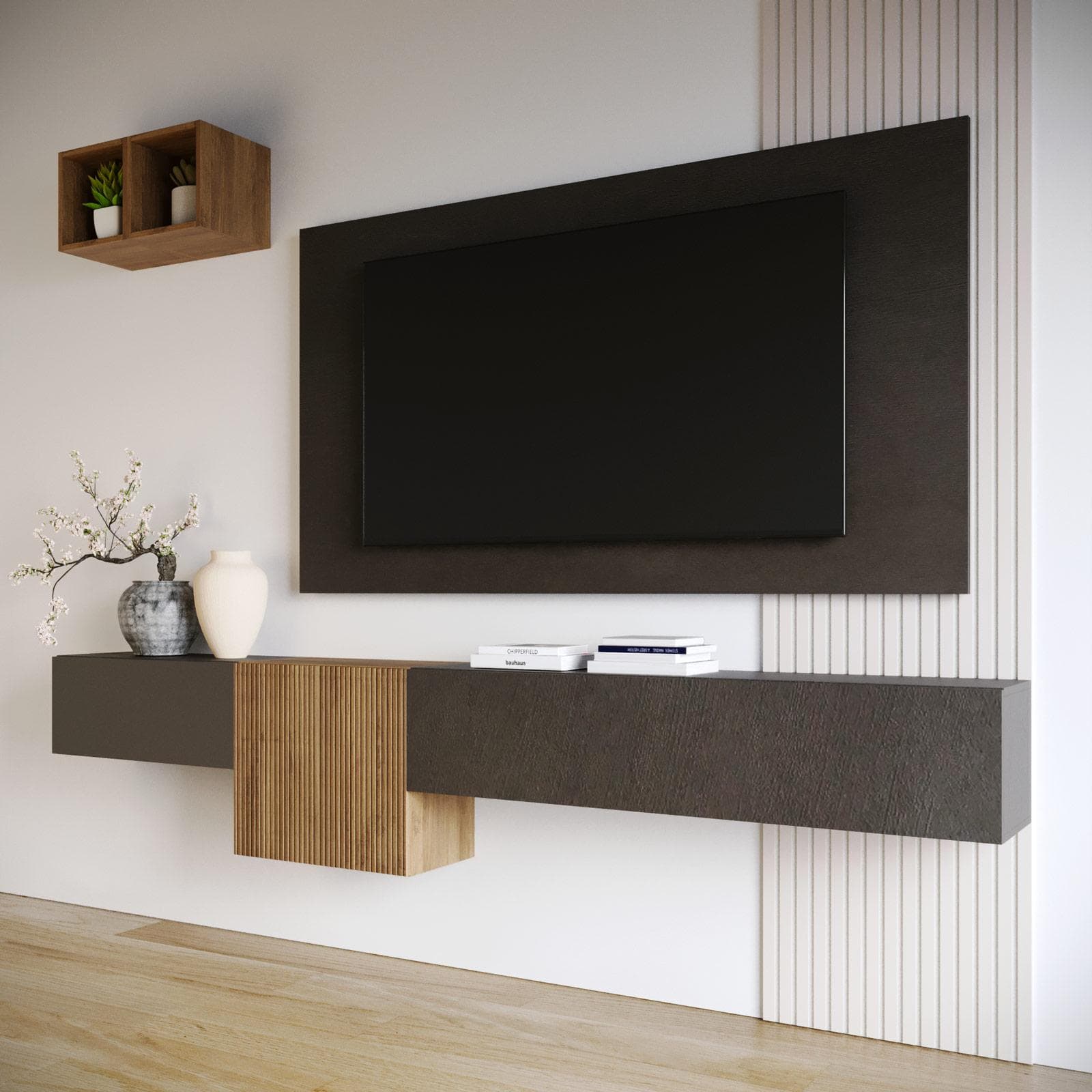 Parete attrezzata 262x30x220h cm mercure cannettato e lava con pannello porta tv - Clary
