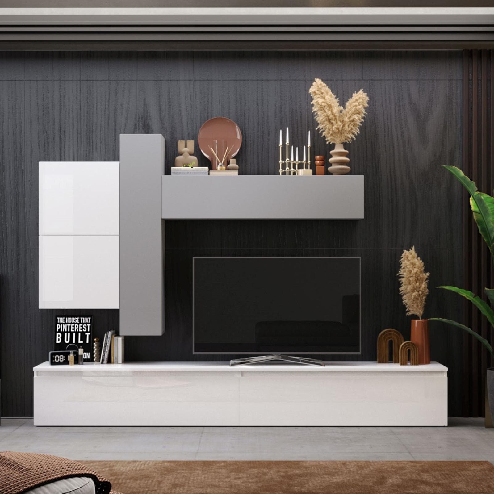 Parete attrezzata 276x39x210h cm bianco lucido e gesso - Clary