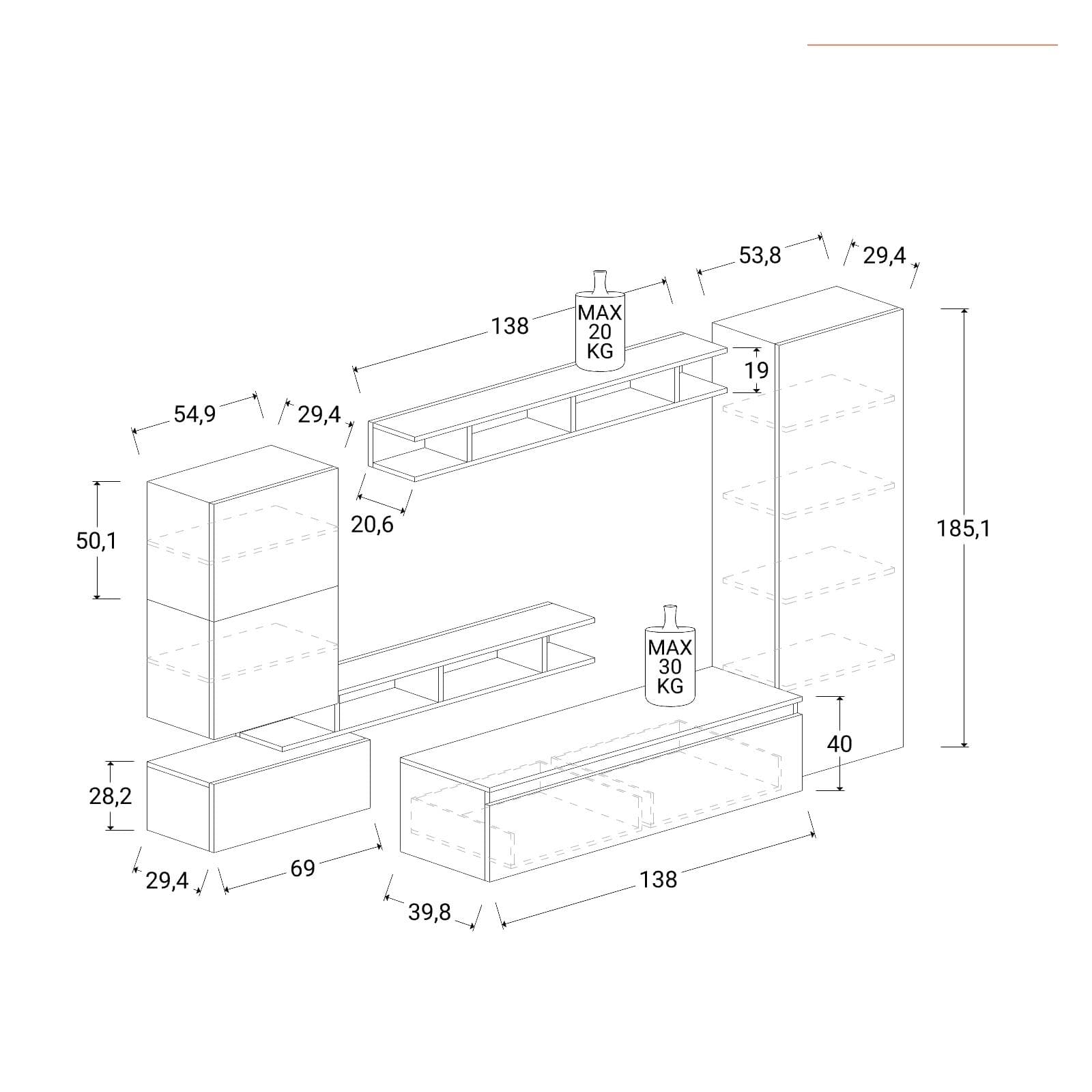 Parete attrezzata 295x40x186h cm ardesia e piombo - Clary