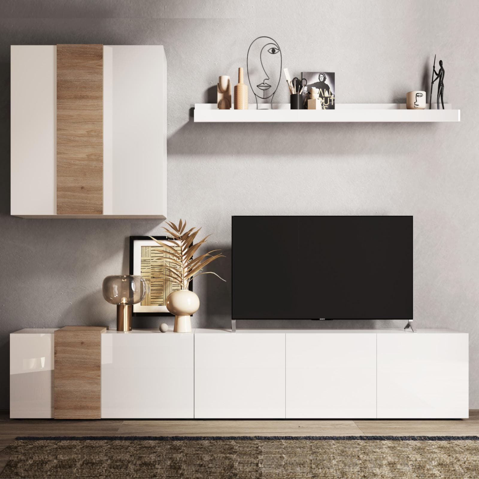 Parete attrezzata 301 cm con pensile e mensola bianco lucido e rovere - Kendra