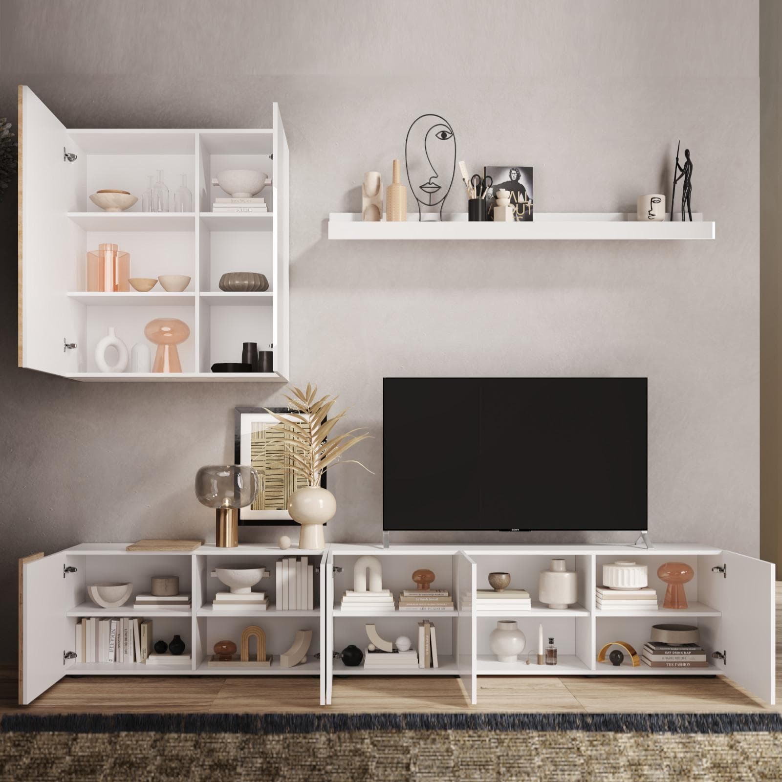 Parete attrezzata 301 cm con pensile e mensola bianco lucido e rovere - Kendra