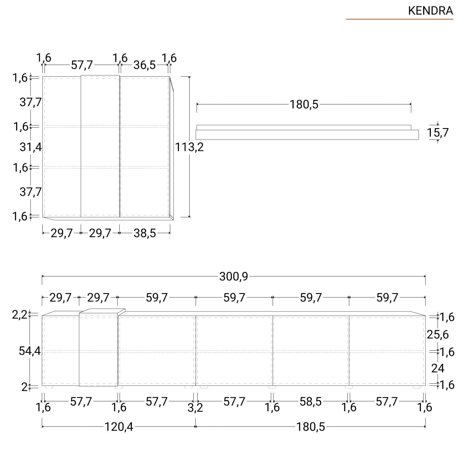 Parete attrezzata 301 cm con pensile e mensola bianco lucido e rovere - Kendra