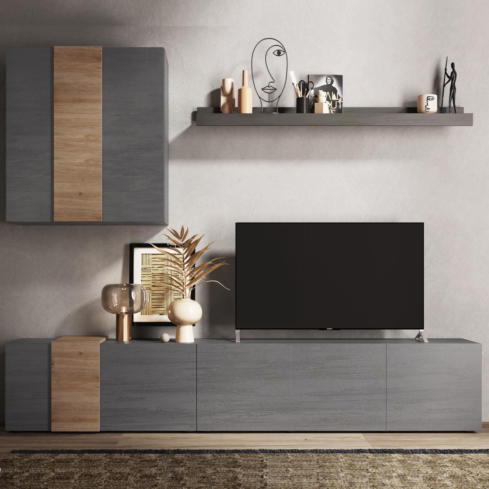 Parete attrezzata 301 cm con pensile e mensola titanio e rovere cadiz - Kendra