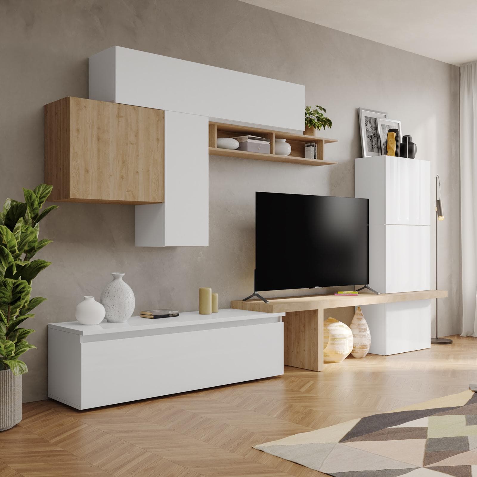 Parete attrezzata 305x40x220h cm bianco lucido e cadiz - Clary
