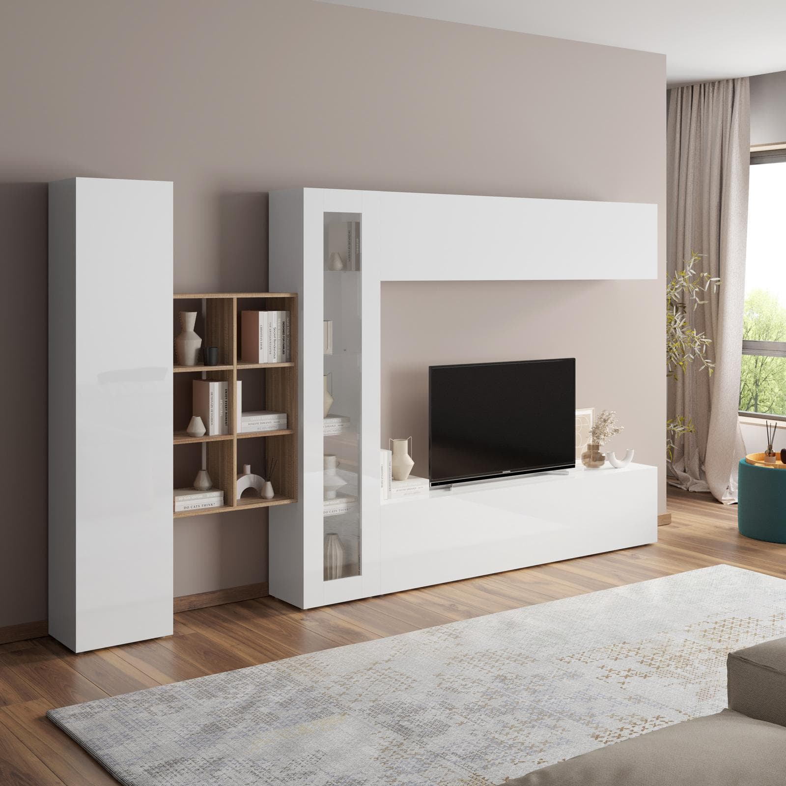 Parete attrezzata 320x180h cm a terra o sospesa bianco lucido con libreria rovere wotan - Arona