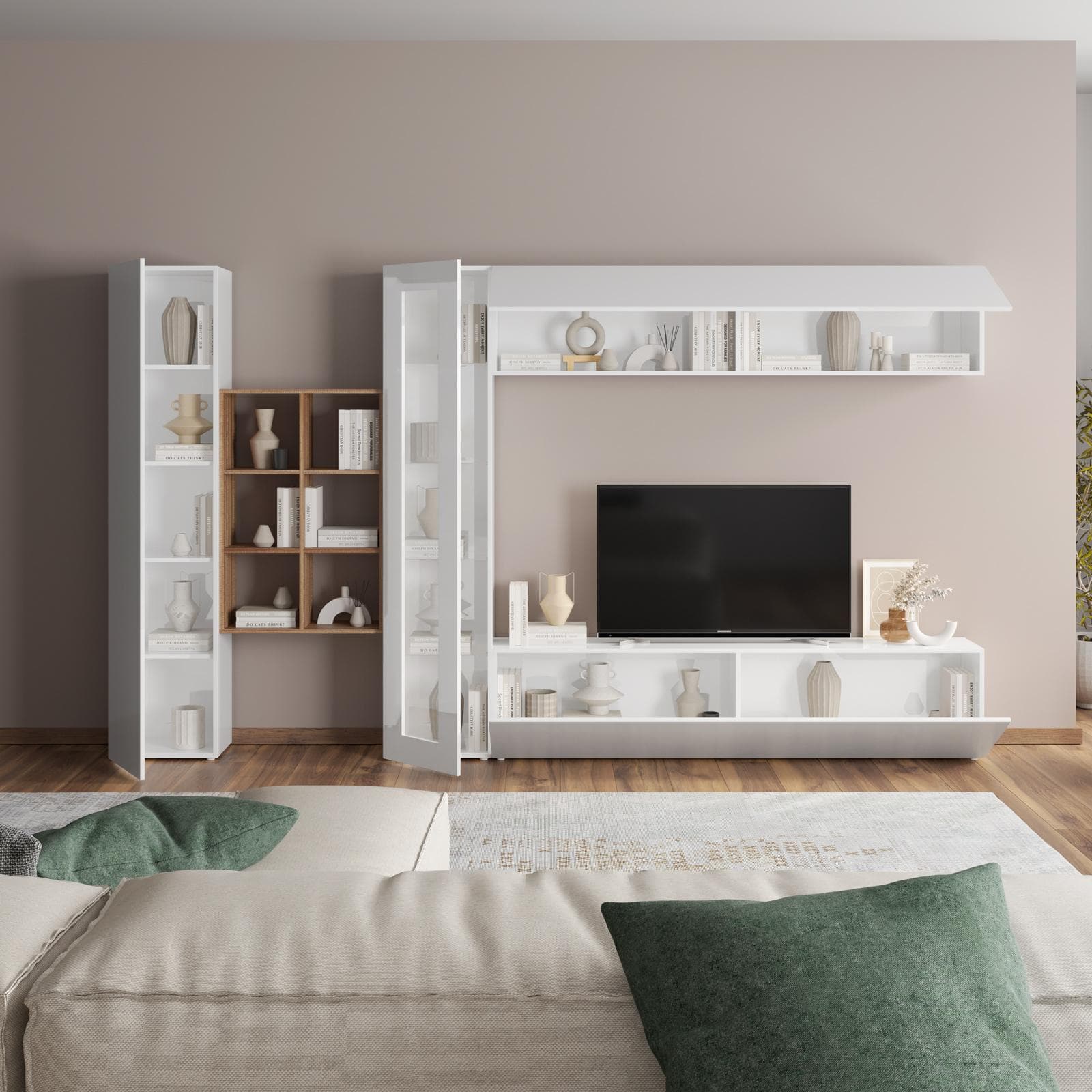 Parete attrezzata 320x180h cm a terra o sospesa bianco lucido con libreria rovere wotan - Arona