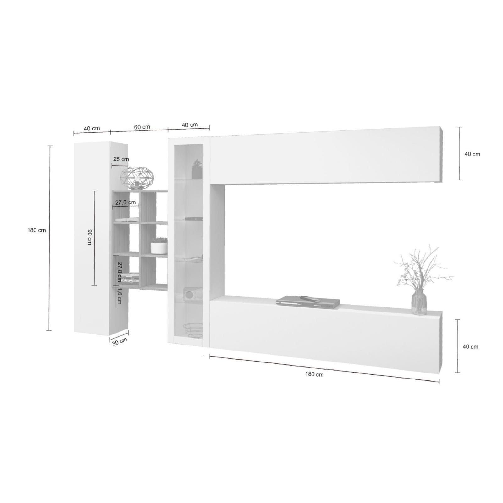 Parete attrezzata 320x180h cm a terra o sospesa bianco lucido con libreria rovere wotan - Arona