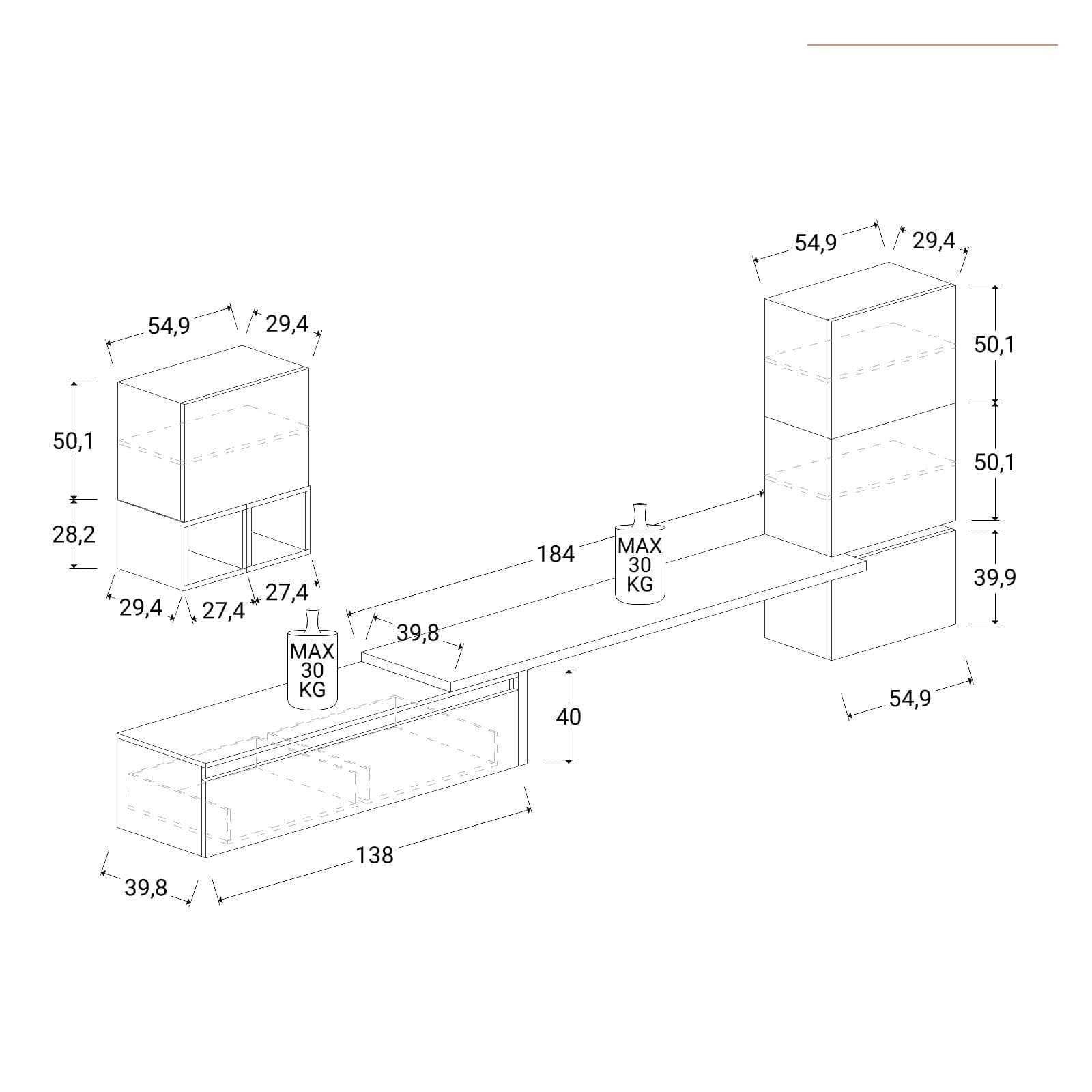 Parete attrezzata 322x40x140h cm mercure e argilla - Clary