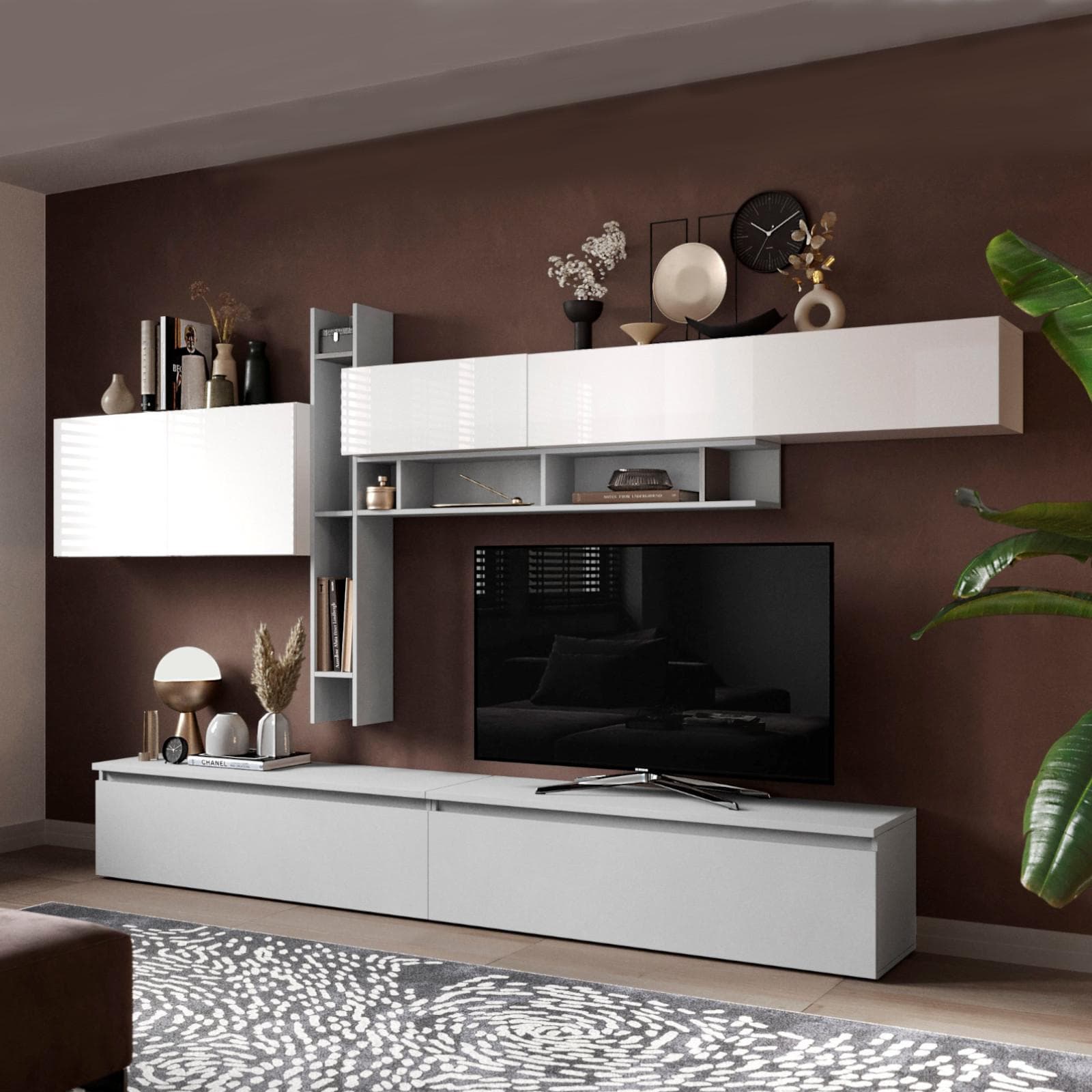 Parete attrezzata 336x40x200h cm bianco lucido e gesso - Clary