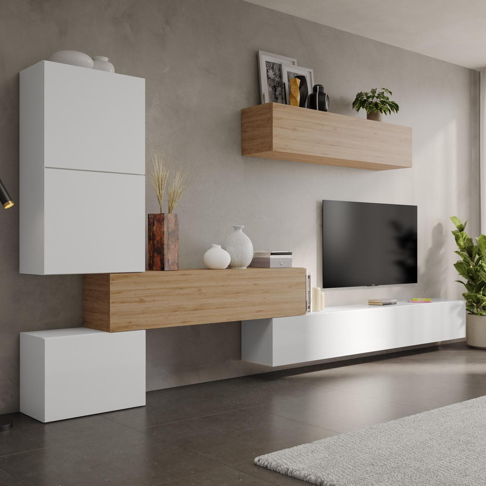 Parete attrezzata 340x30x169h cm color bianco lucido e rovere cadiz - Clary