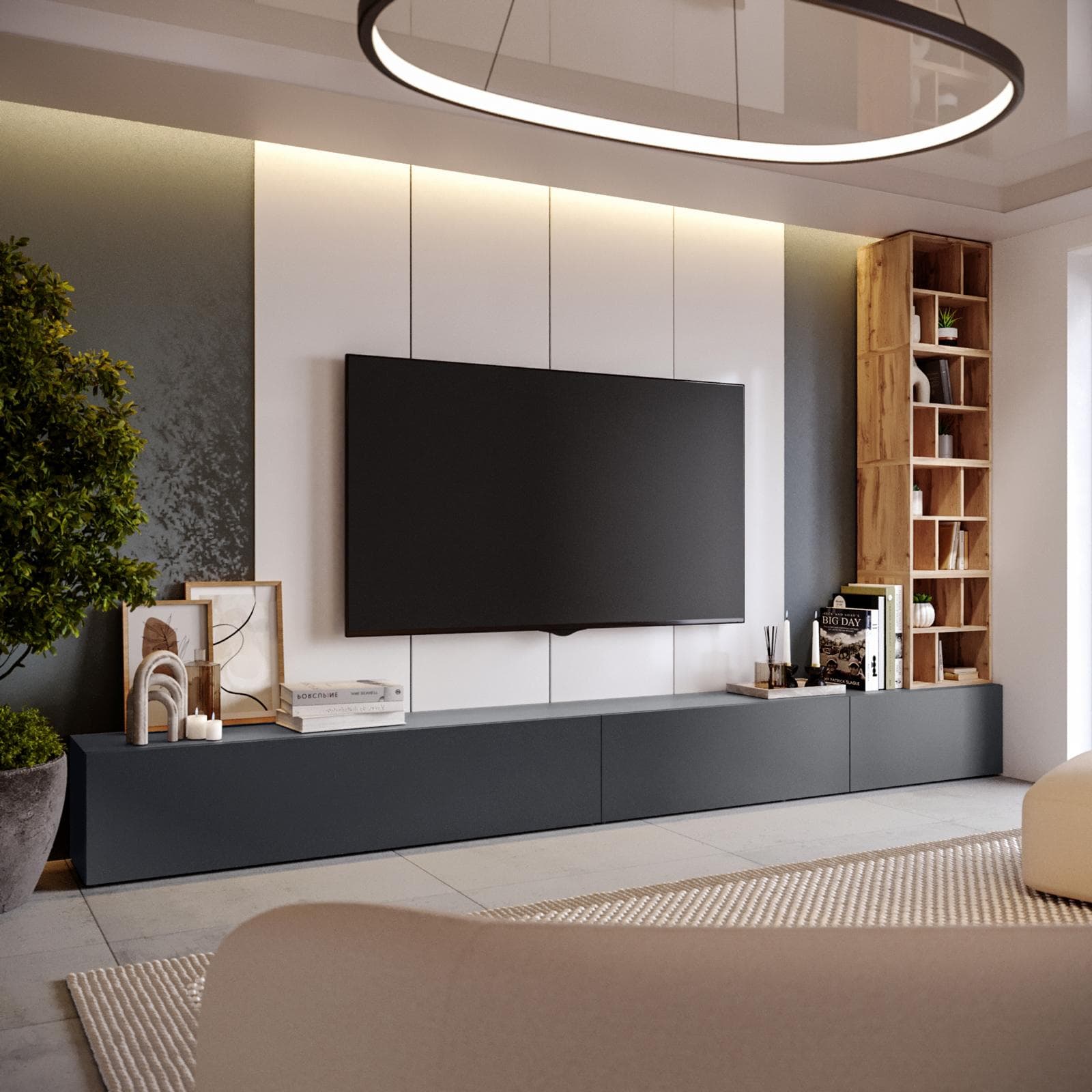 Parete attrezzata 390 cm antracite e rovere wotan - Kayros