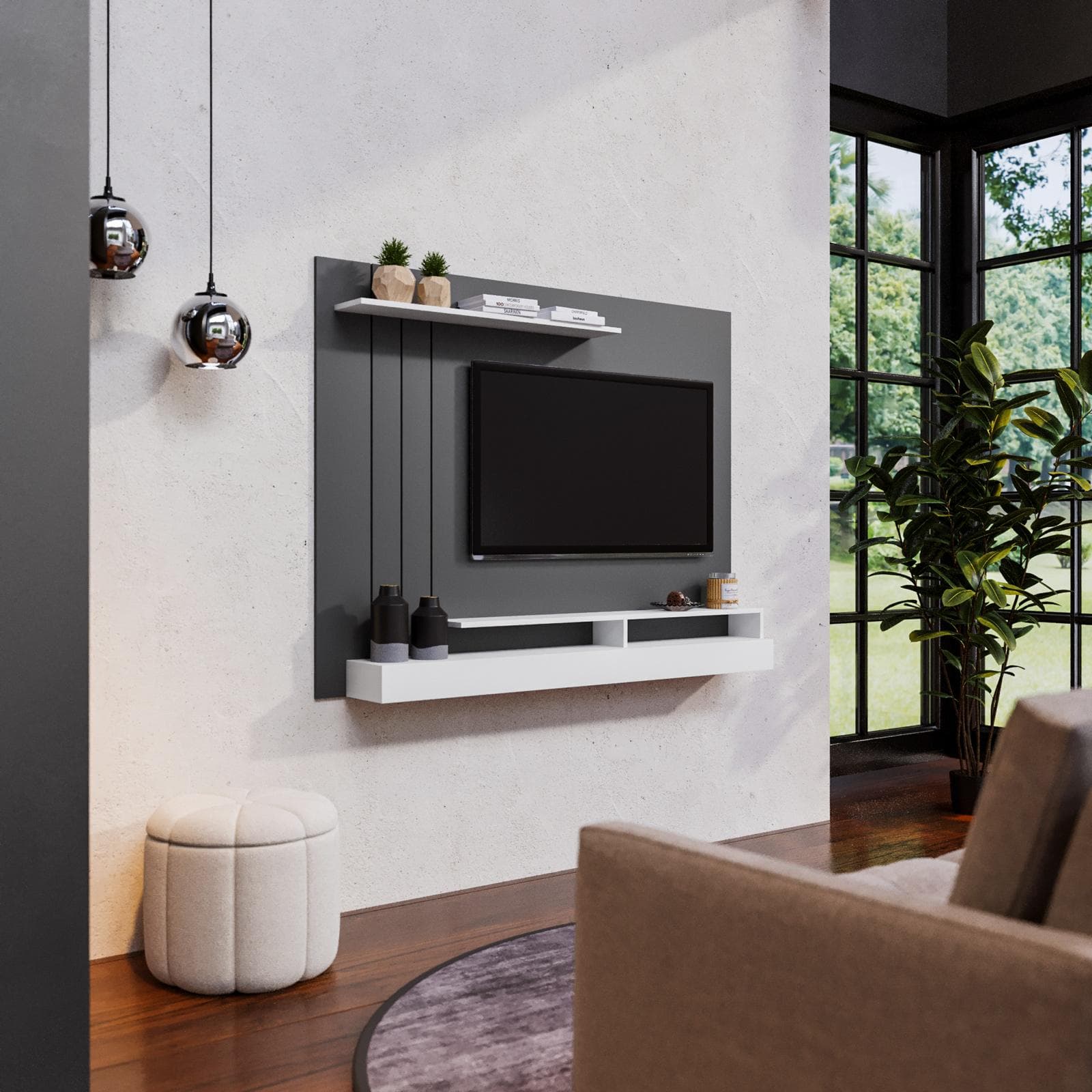 Parete attrezzata sospesa 154x120h cm pannello antracite con porta tv e mensola bianco - Moyo