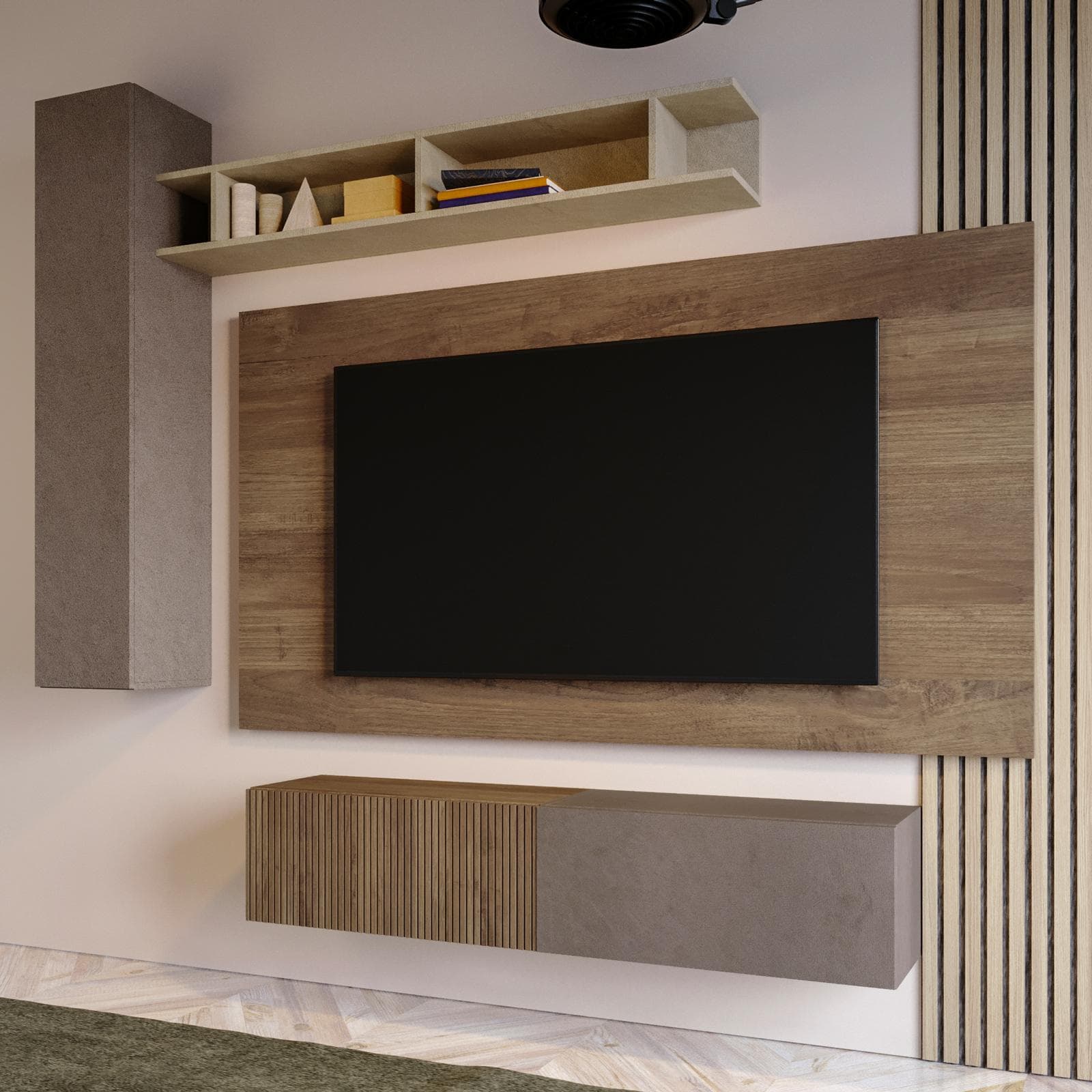 Parete attrezzata sospesa 235x30 cm mercure cannettato argilla e bronzo con pannello porta tv - Clary