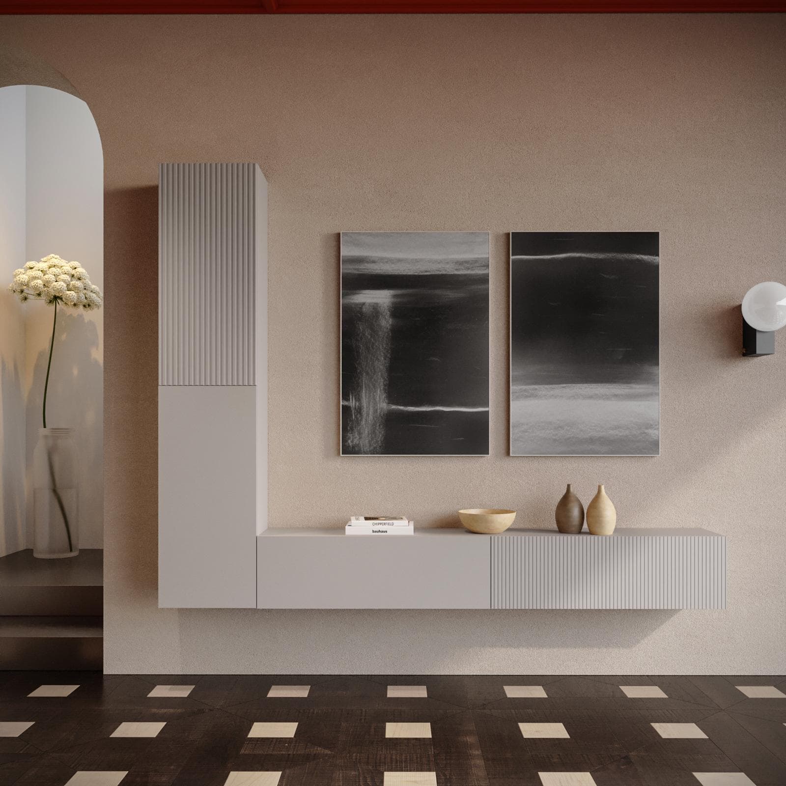 Parete attrezzata sospesa 240 cm cashmere opaco cannettato - Ingrid