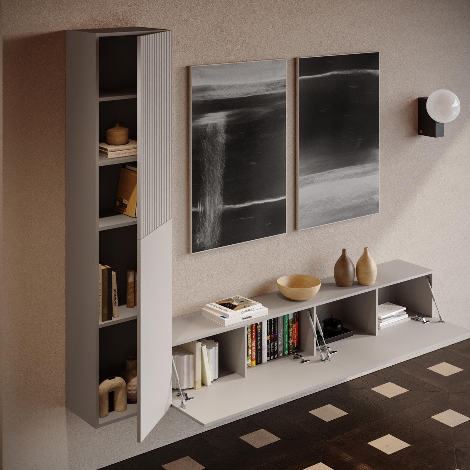 Parete attrezzata sospesa 240 cm cashmere opaco cannettato - Ingrid
