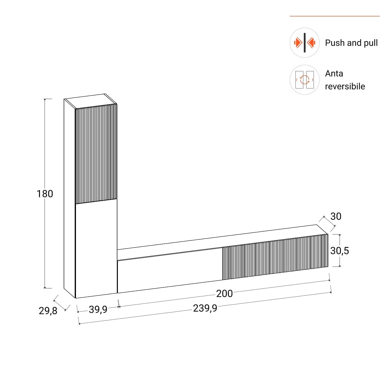 Parete attrezzata sospesa 240 cm cashmere opaco cannettato - Ingrid
