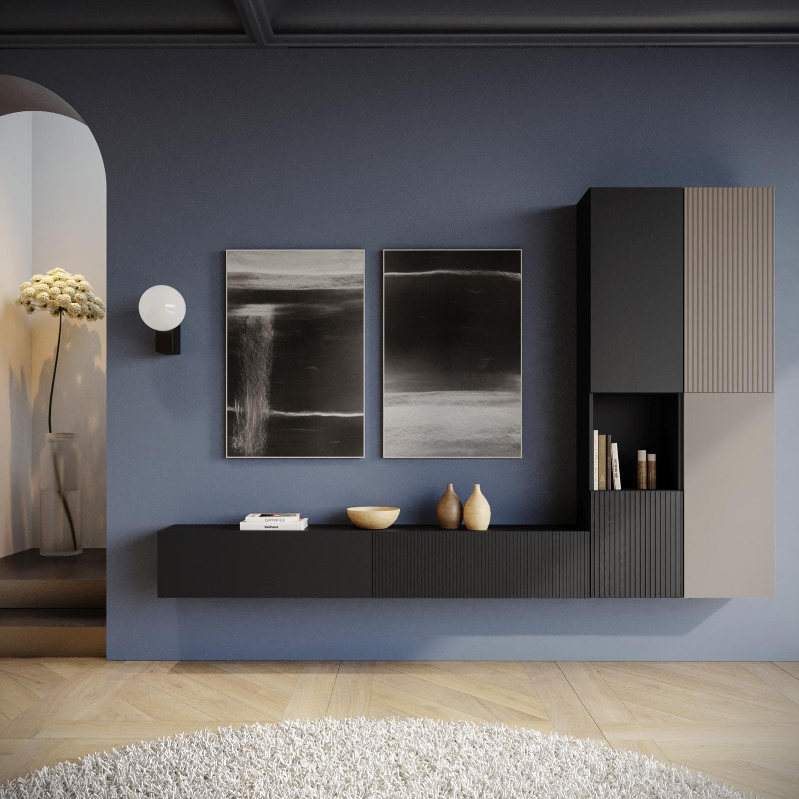 Parete attrezzata sospesa 290 cm nero e cashmere opaco cannettato - Ingrid