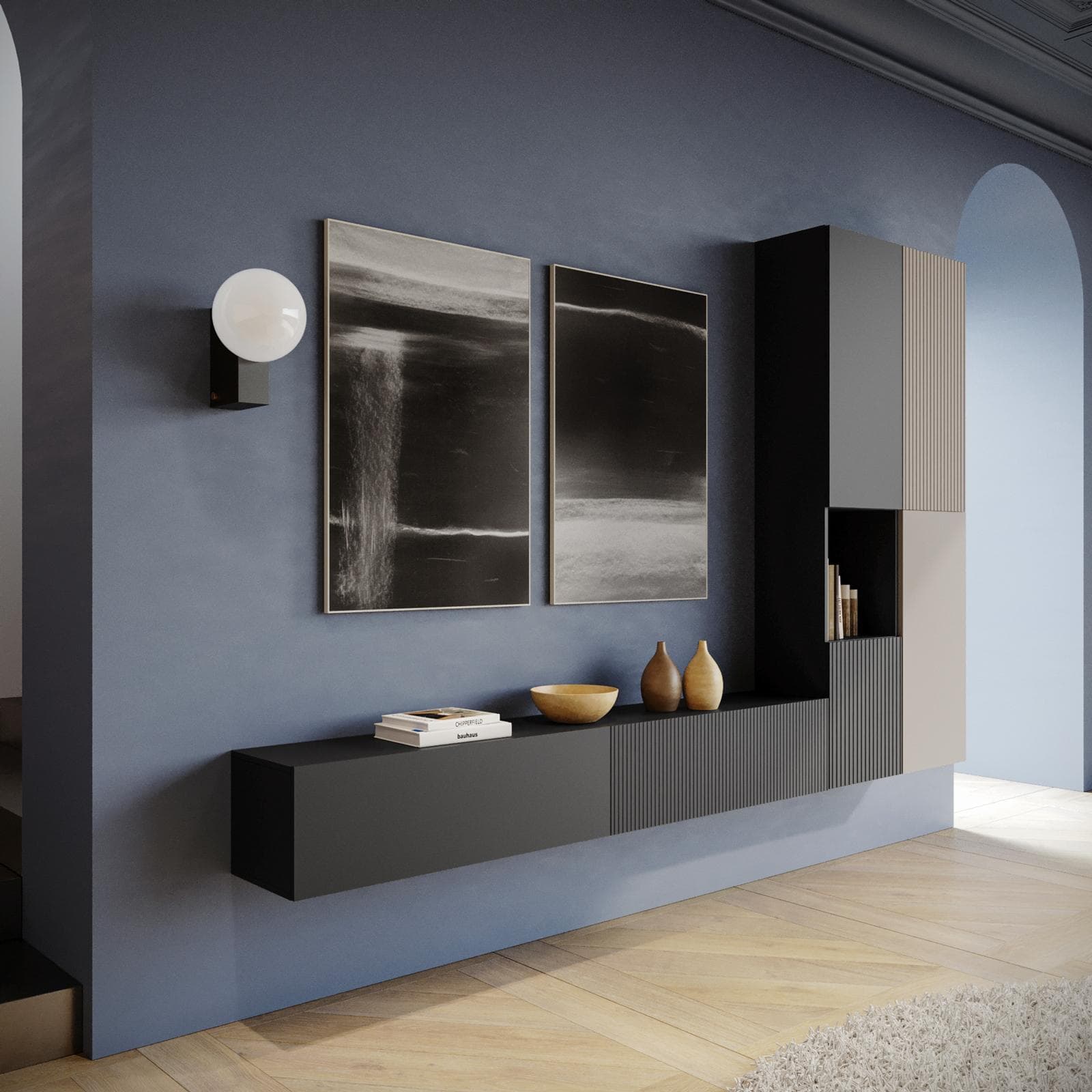 Parete attrezzata sospesa 290 cm nero e cashmere opaco cannettato - Ingrid
