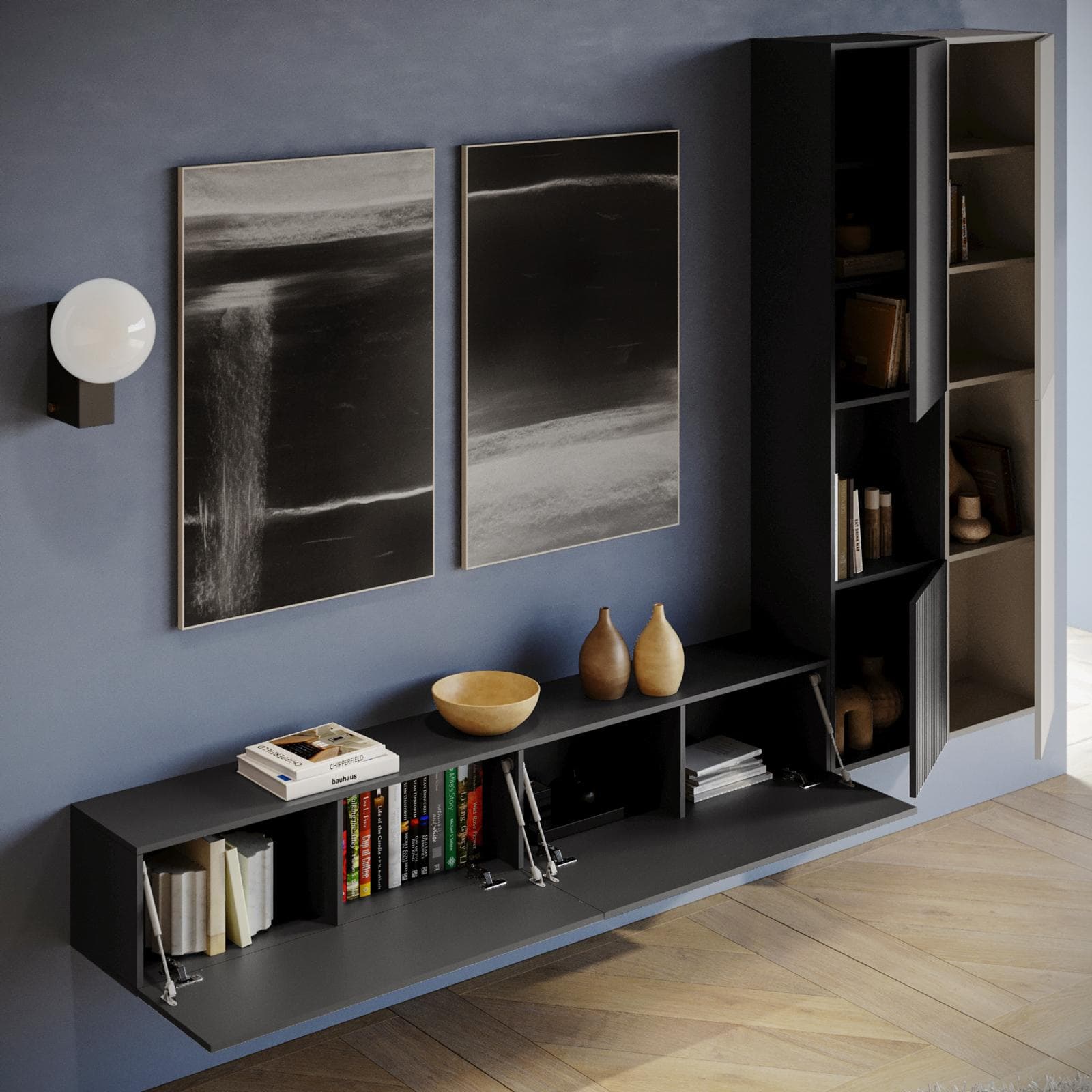 Parete attrezzata sospesa 290 cm nero e cashmere opaco cannettato - Ingrid