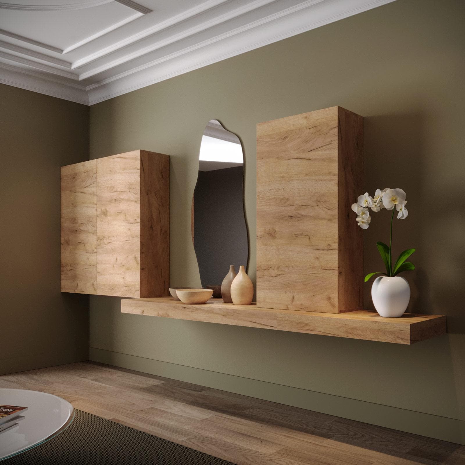 Parete attrezzata sospesa 350 cm rovere gold con ante push pull - Judith