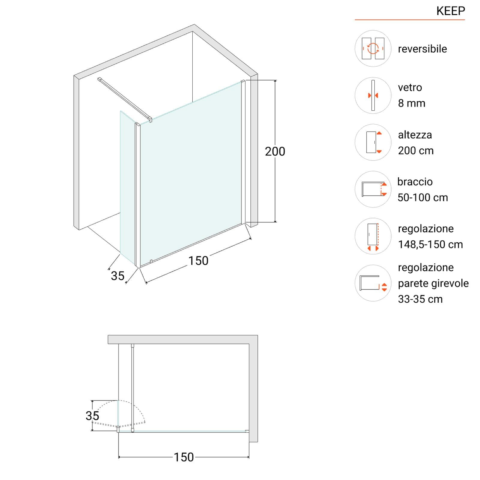 Parete walk in 150 cm con anta girevole 35 cm vetro temperato anticalcare trasparente - Keep