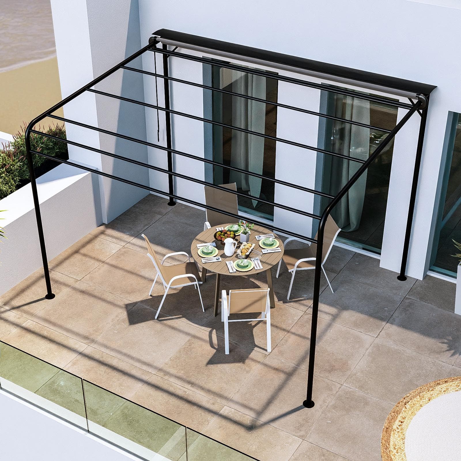 Pergola 4x3 m in acciaio nero con telo scorrevole grigio - Hedera