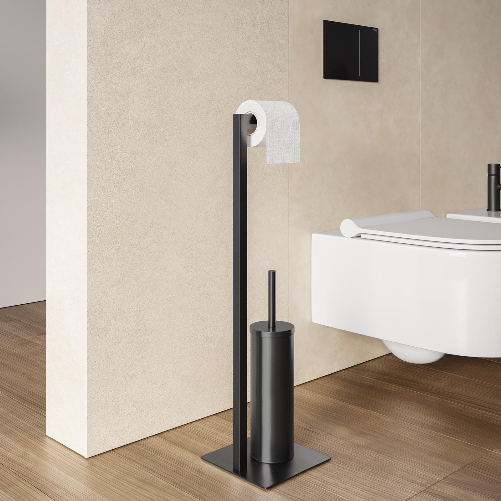 Piantana portarotolo e portascopino in acciaio inox nero satinato - Clover