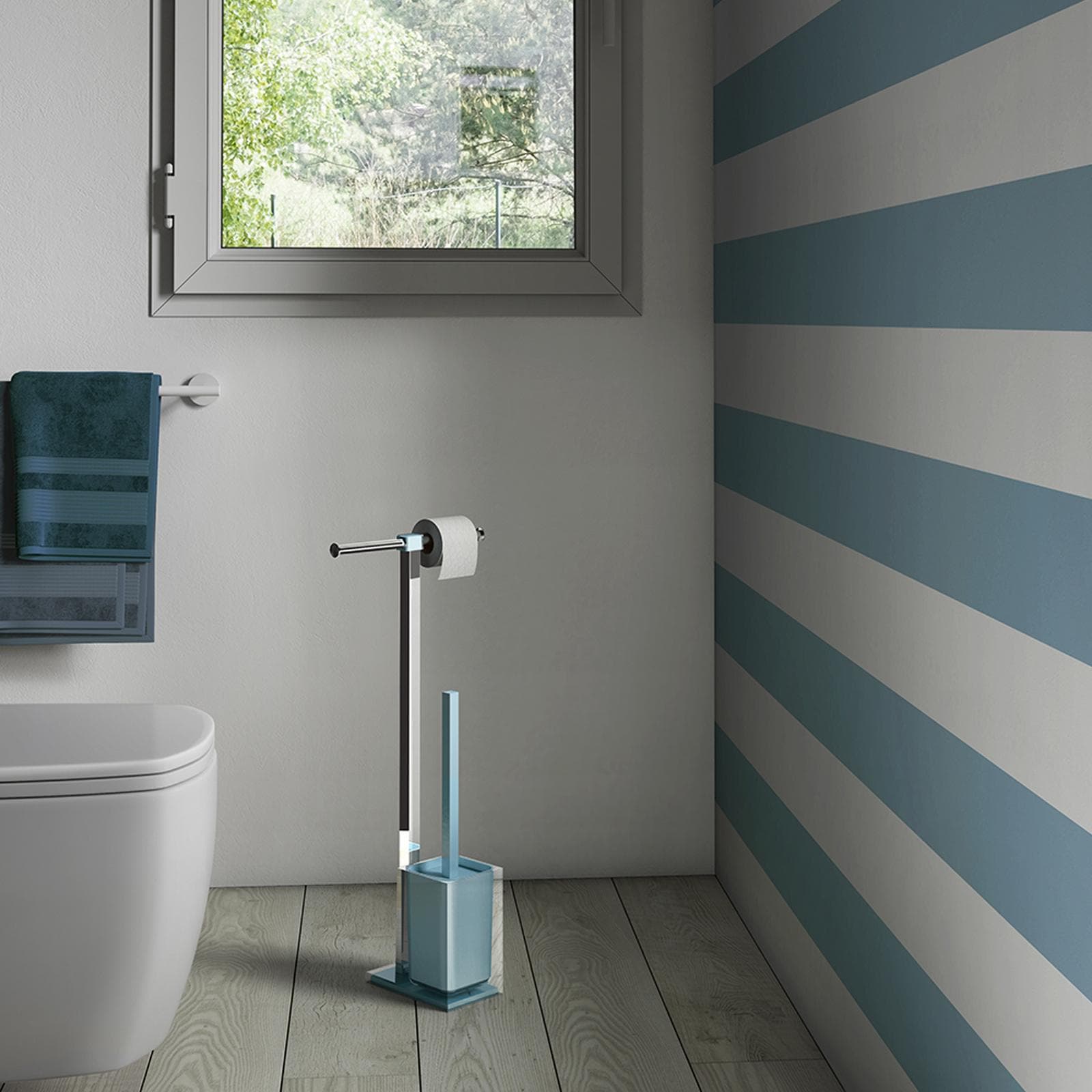 Piantana portarotolo in acciaio inox e portascopino celeste e trasparente - Rainbow di Gedy
