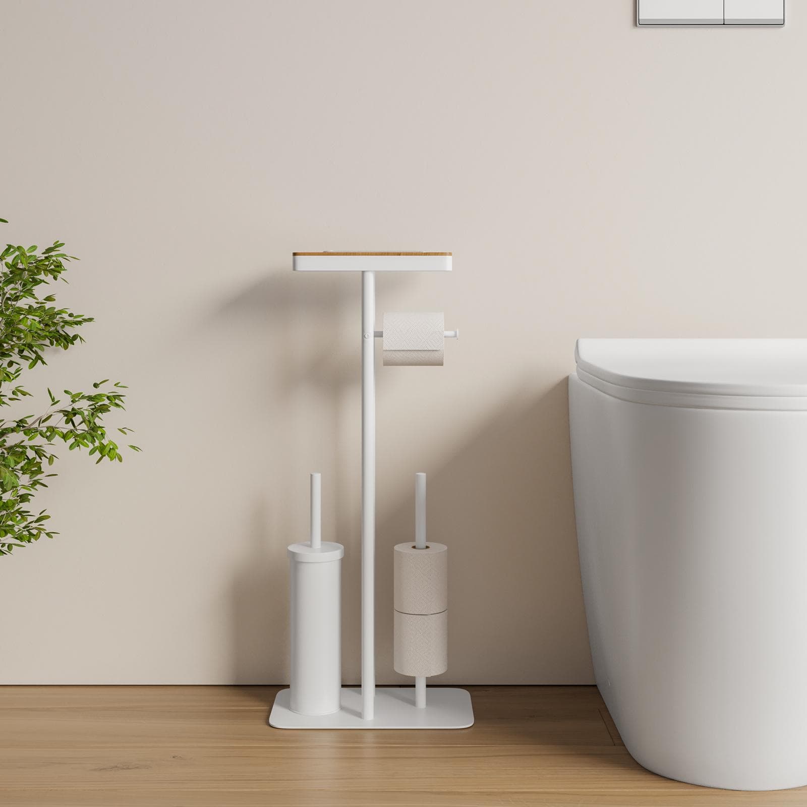 Piantana portascopino con mensola porta cellulare e riserva bianco opaco e bambù - Divall