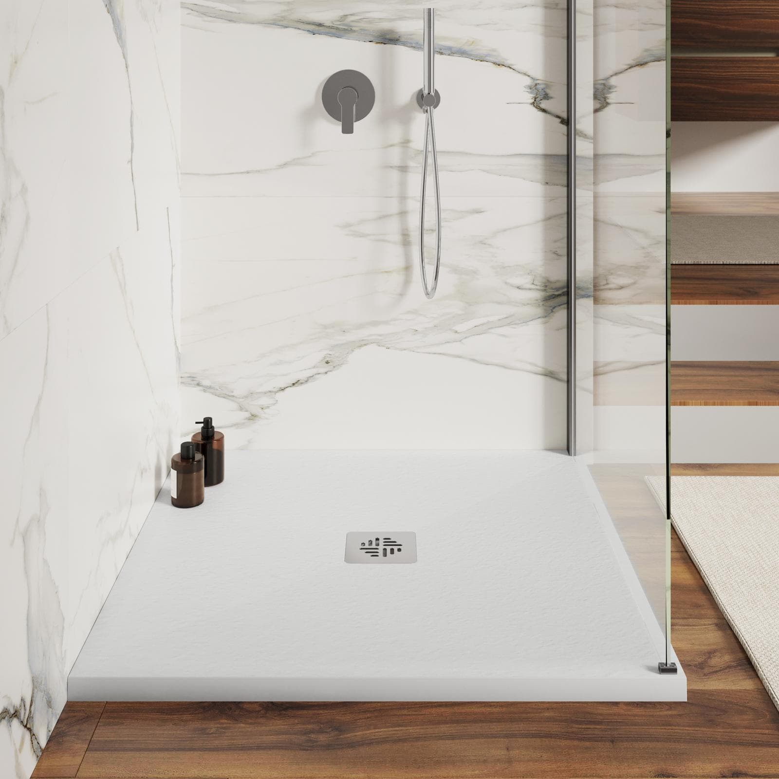 Piatto doccia 90 X 90 cm effetto pietra riducibile bianco - Nalos