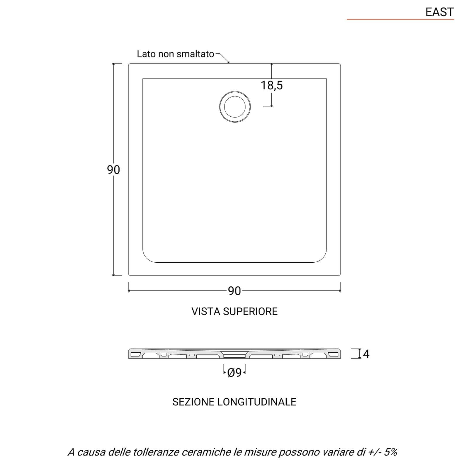 Piatto doccia quadrato 90x90x4h cm antiscivolo bianco - East