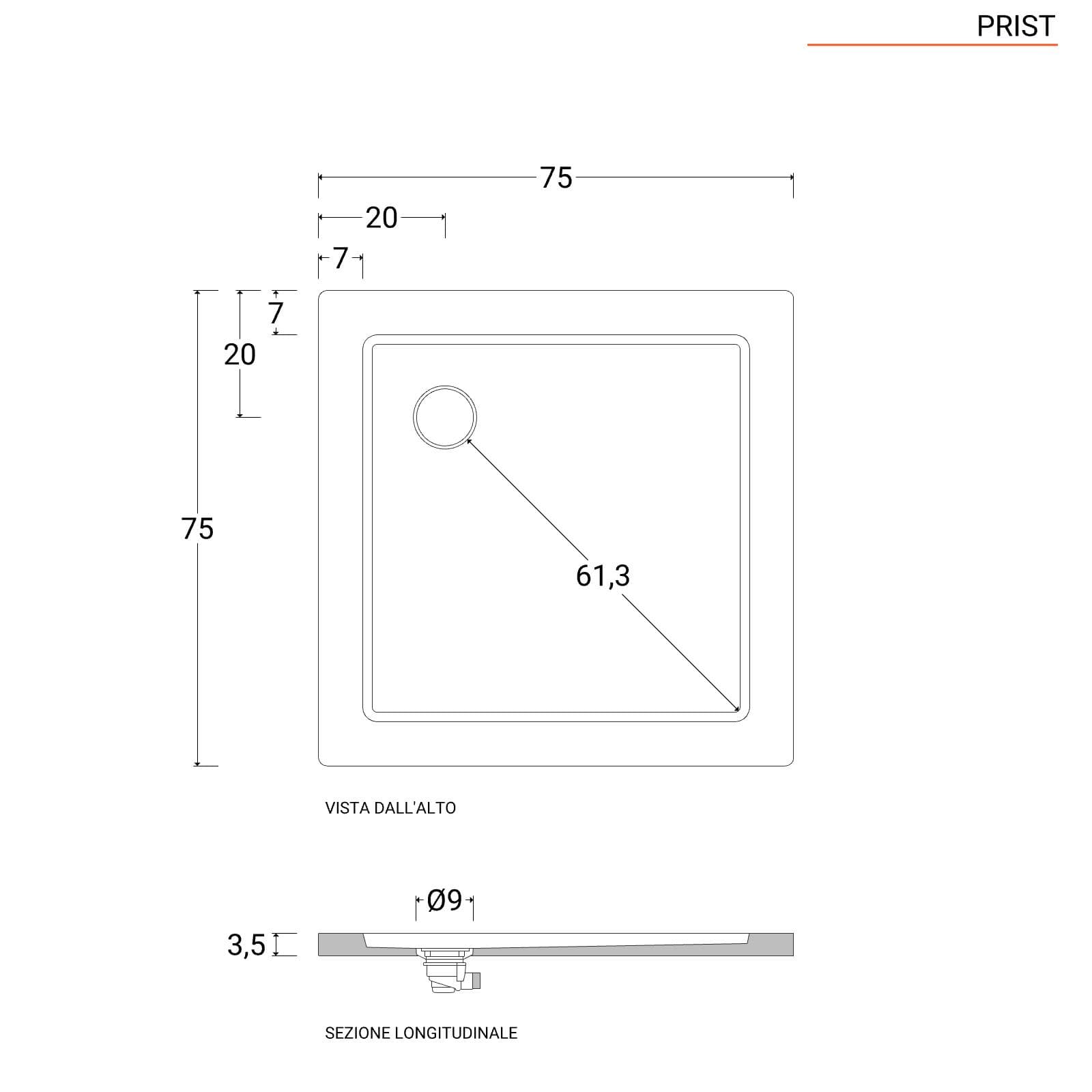 Piatto doccia 75x75 cm ultrapiatto altezza 3,5 cm in policril - Prist