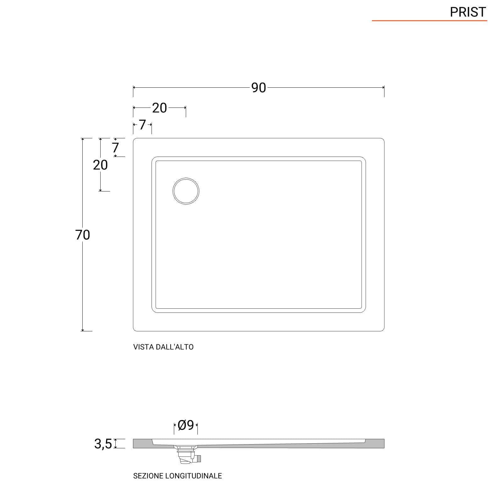 Piatto doccia 70x90 cm ultrapiatto altezza 3,5 cm in policril - Prist