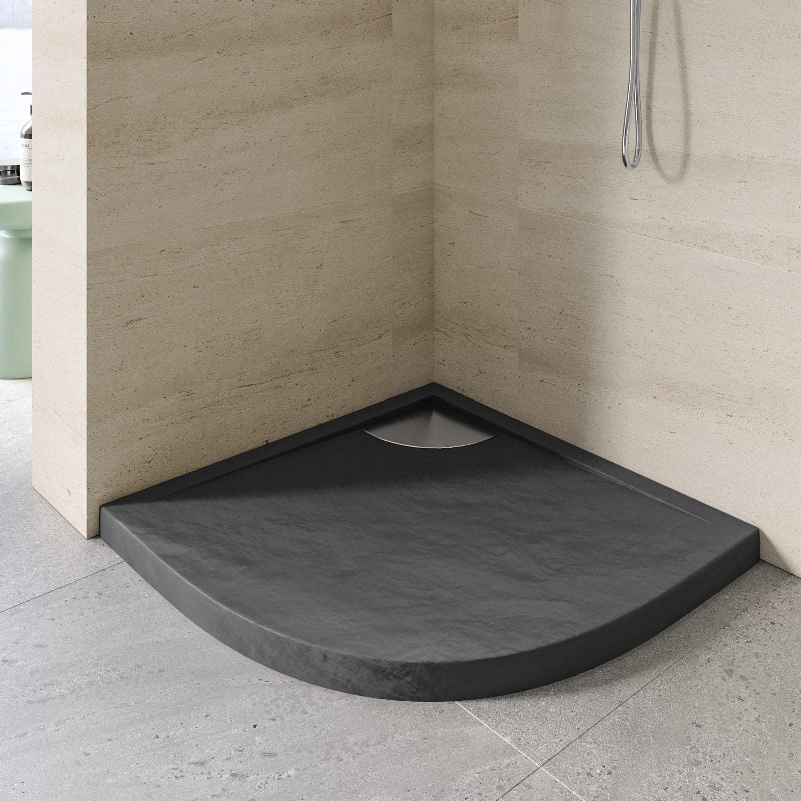 Piatto doccia semicircolare 80x80 cm in acrilico effetto pietra antracite con canalina in acciaio - Denb