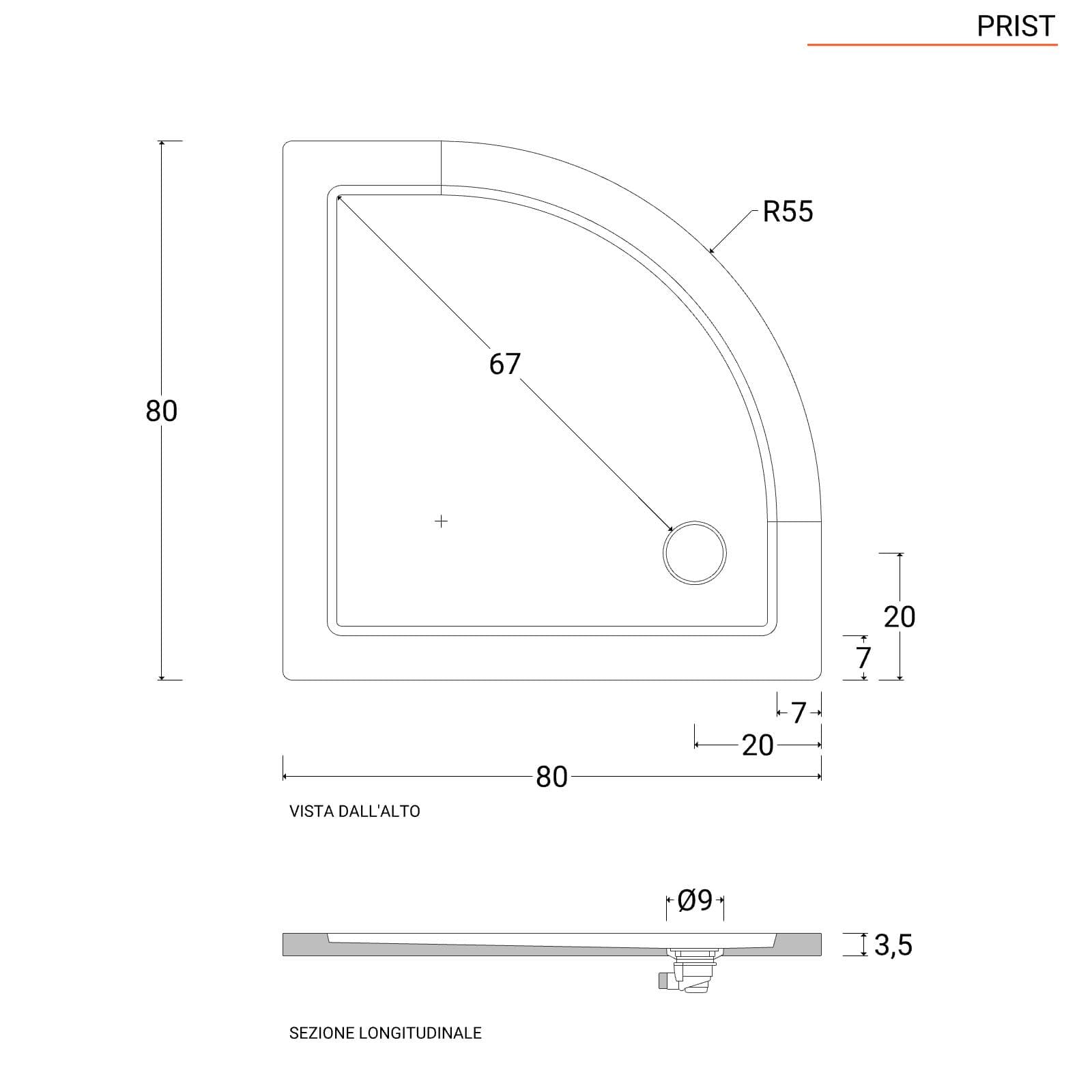Piatto doccia 80x80 cm semicircolare ultrapiatto altezza 3,5 cm in policril - Prist